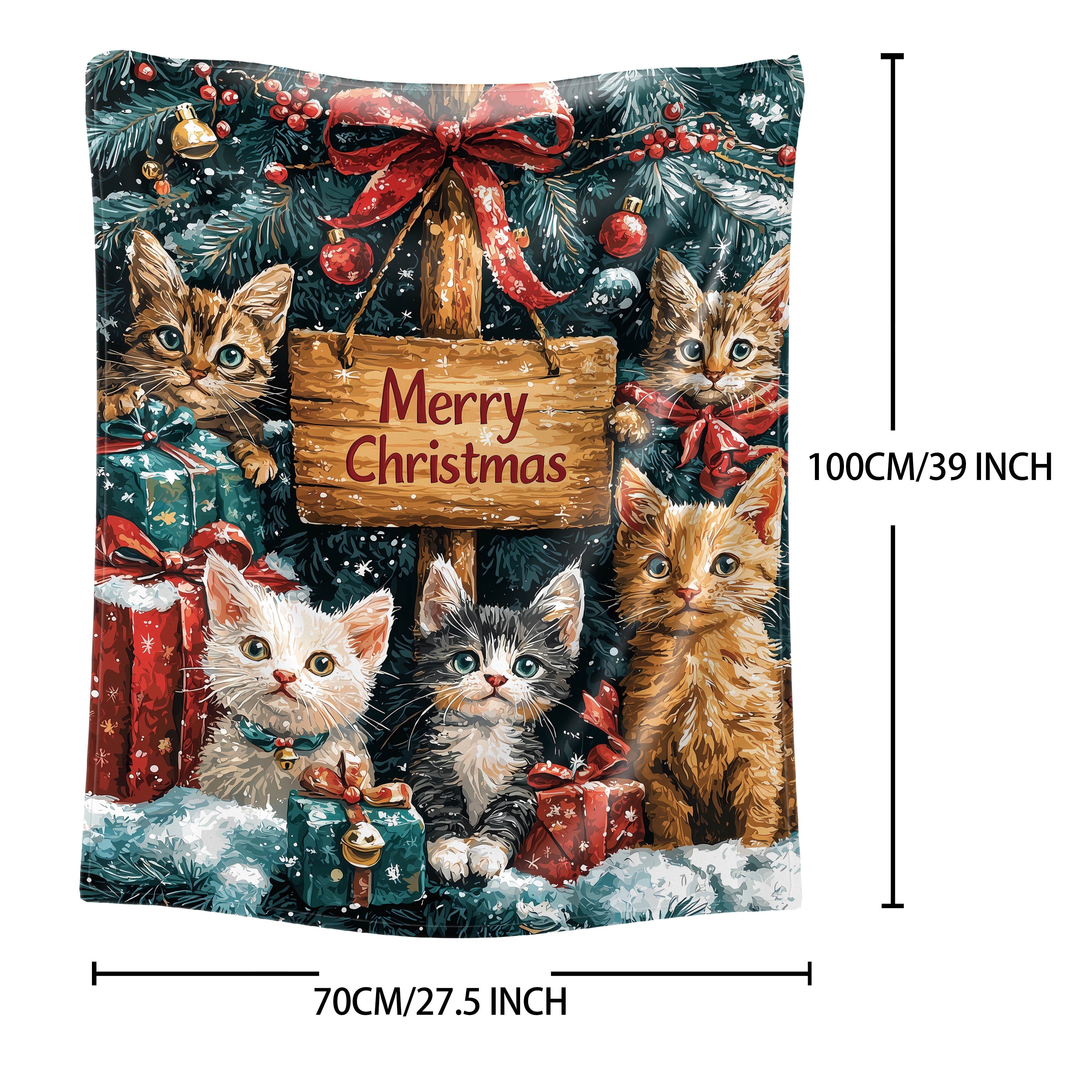 Christmas Cats Flannel Blanket 200-250G Polyester Soft Knit Throw for Bed Sofa Camping