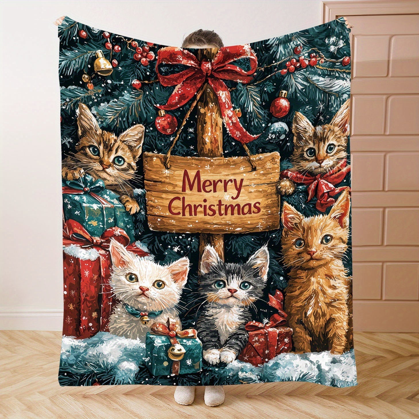 Christmas Cats Flannel Blanket 200-250G Polyester Soft Knit Throw for Bed Sofa Camping