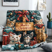 Christmas Cats Flannel Blanket 200-250G Polyester Soft Knit Throw for Bed Sofa Camping