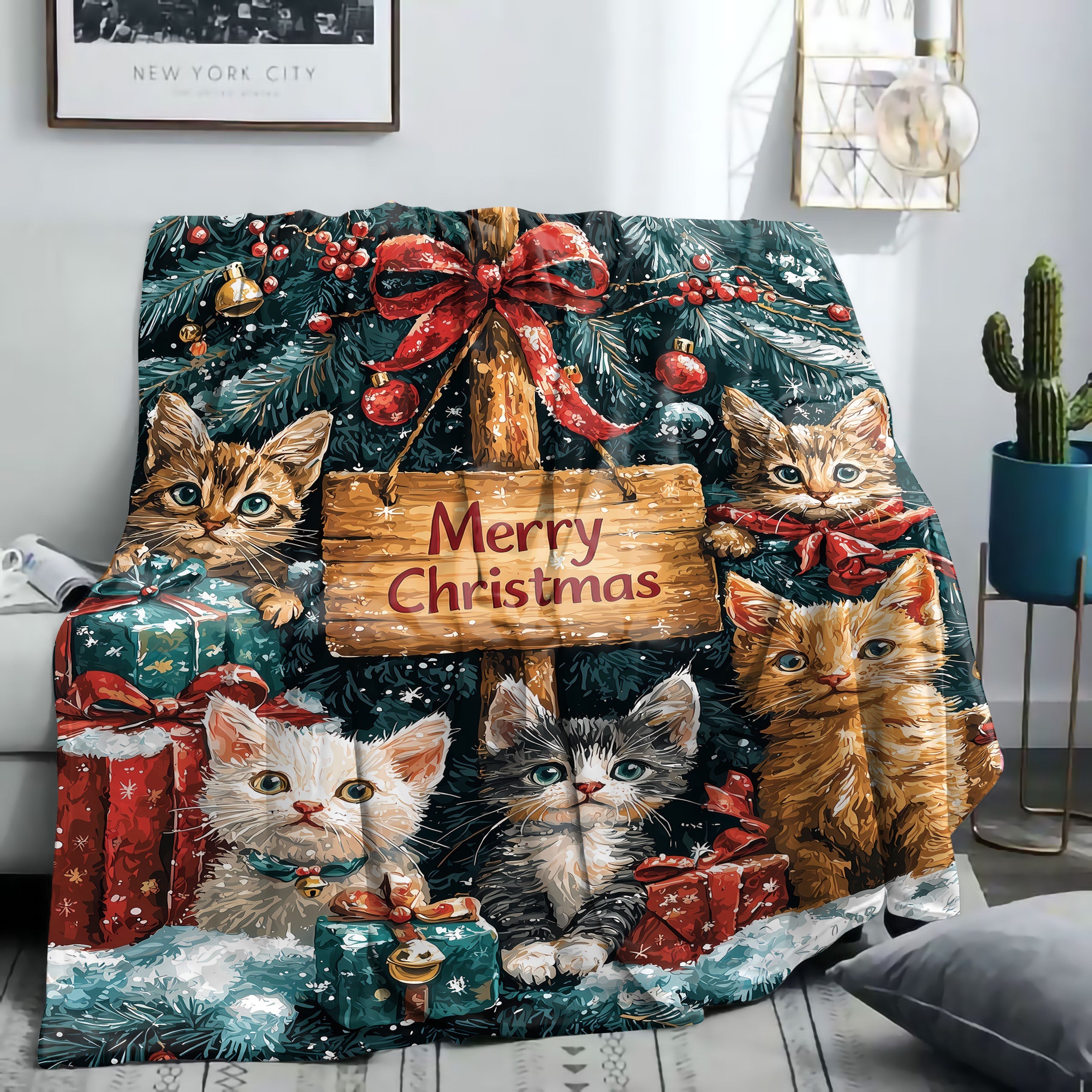 Christmas Cats Flannel Blanket 200-250G Polyester Soft Knit Throw for Bed Sofa Camping