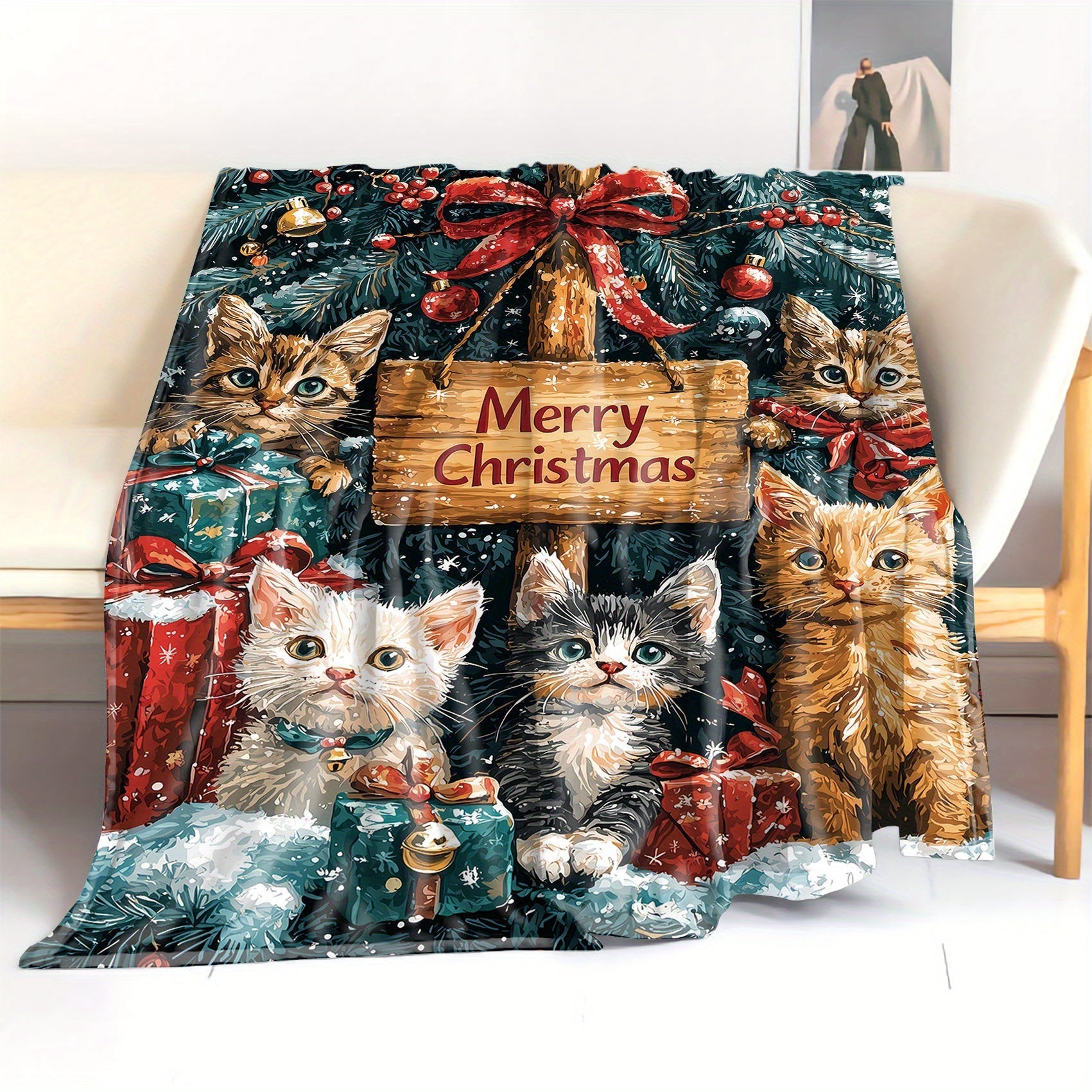 Christmas Cats Flannel Blanket 200-250G Polyester Soft Knit Throw for Bed Sofa Camping