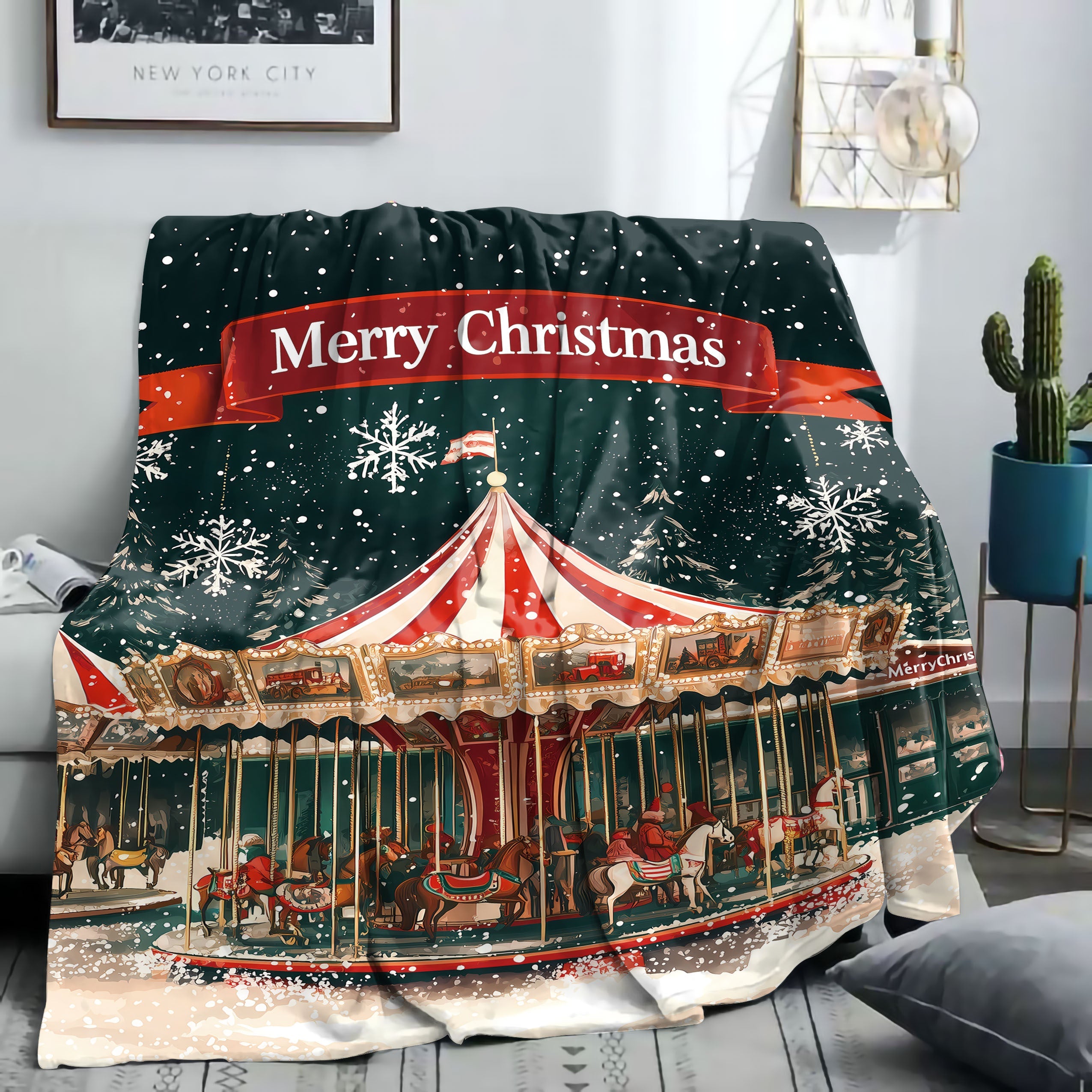Merry Christmas Flannel Throw Blanket Polyester Knit Digital Print Light Cozy Sofa Bed Cover