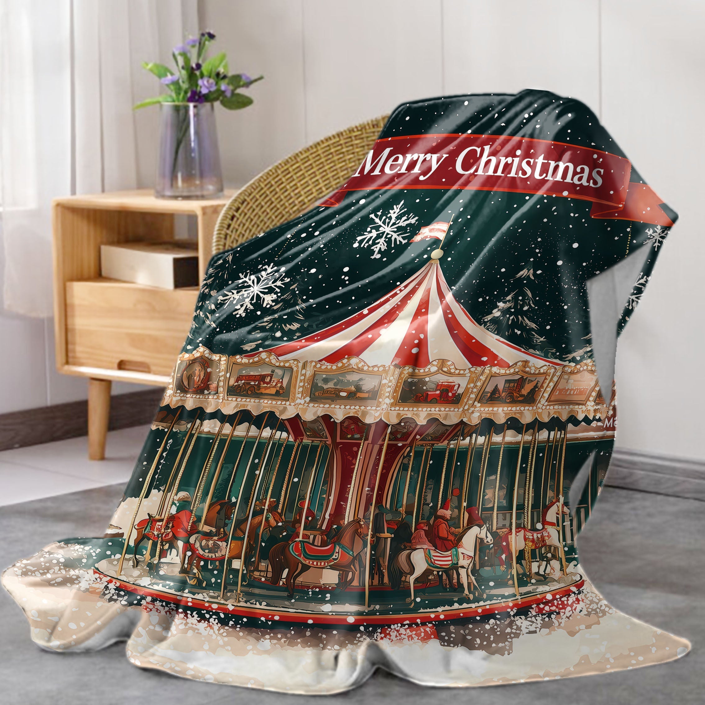 Merry Christmas Flannel Throw Blanket Polyester Knit Digital Print Light Cozy Sofa Bed Cover