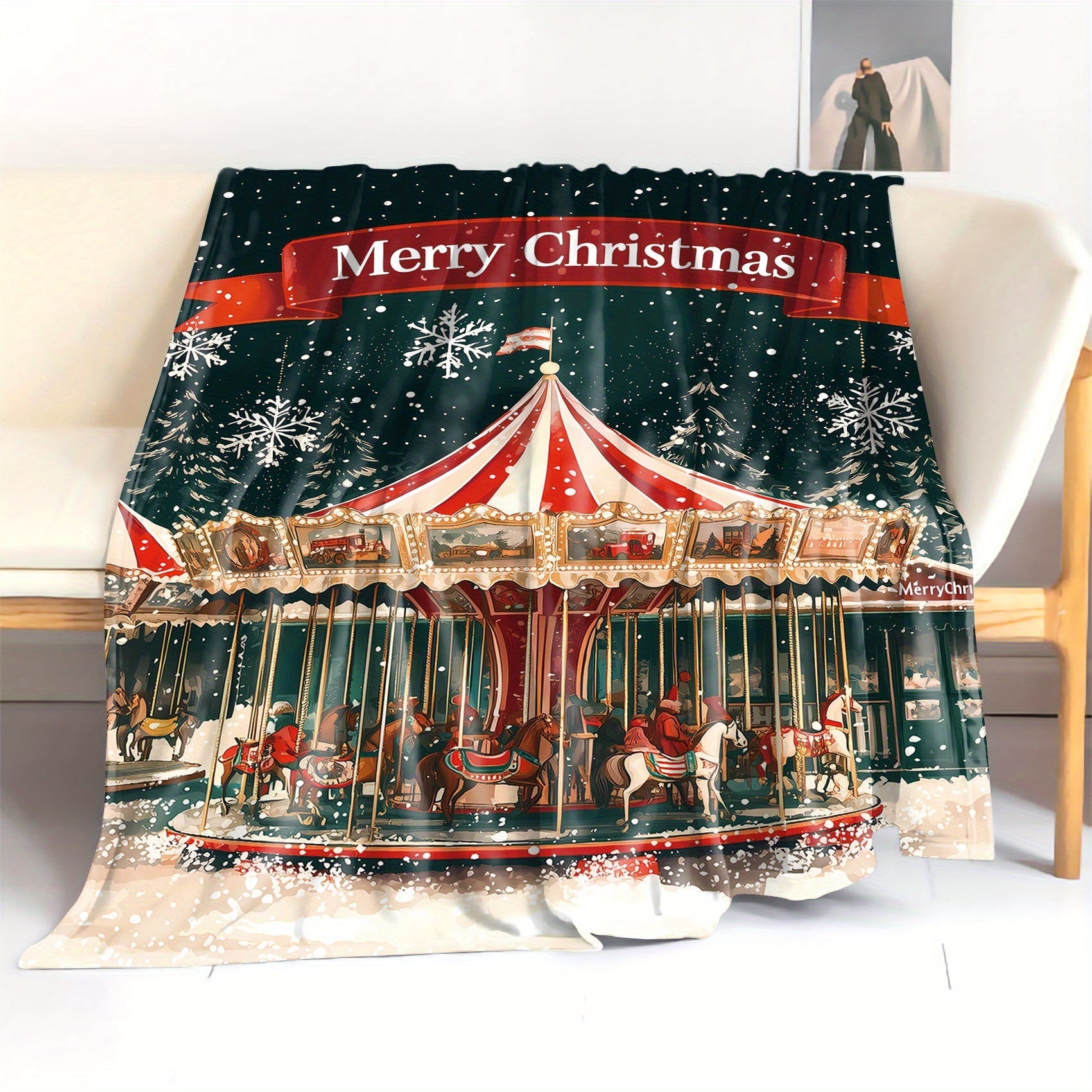 Merry Christmas Flannel Throw Blanket Polyester Knit Digital Print Light Cozy Sofa Bed Cover