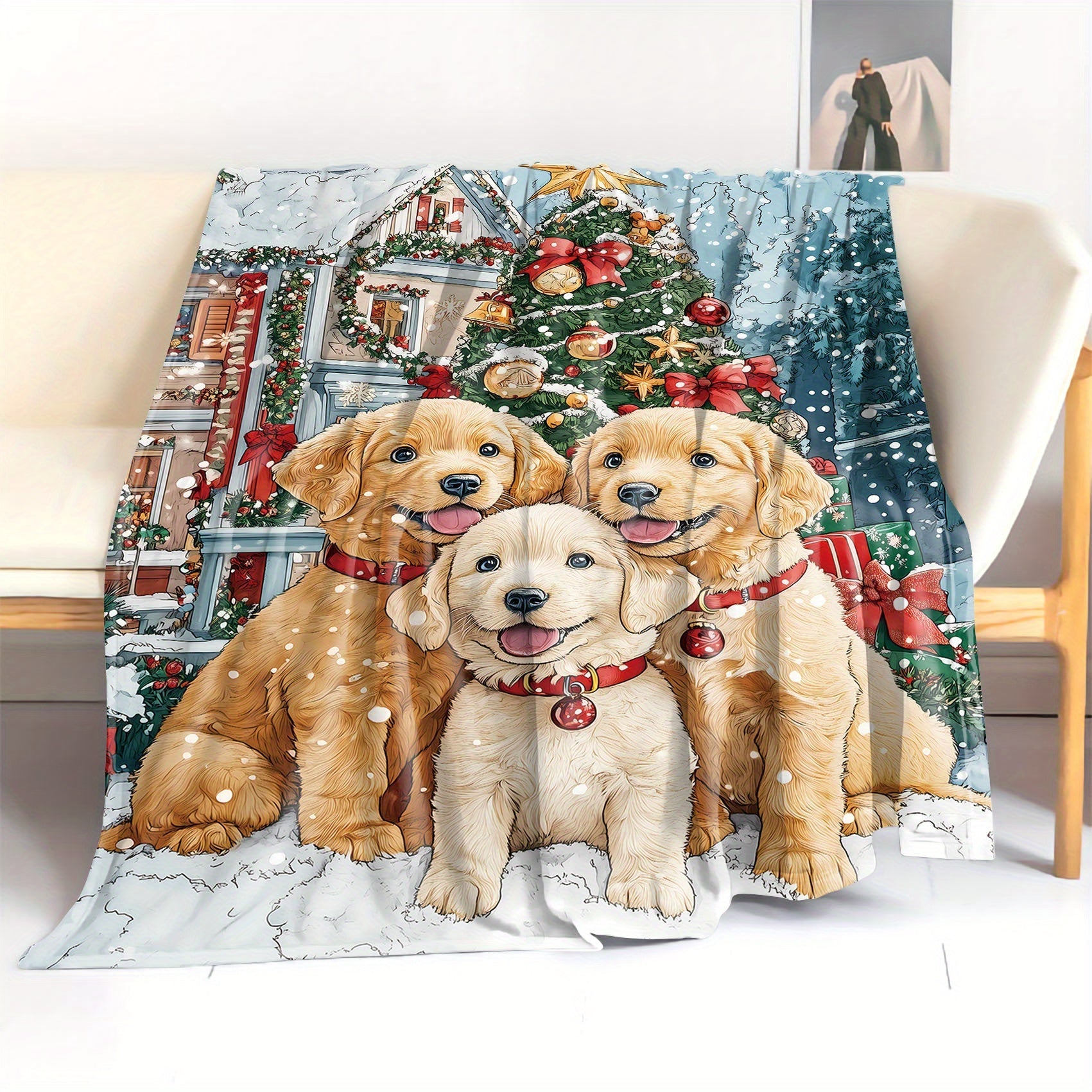 Christmas Puppy Flannel Throw Blanket Soft Polyester Knit All-Season Cozy Bed Sofa Bed Decor
