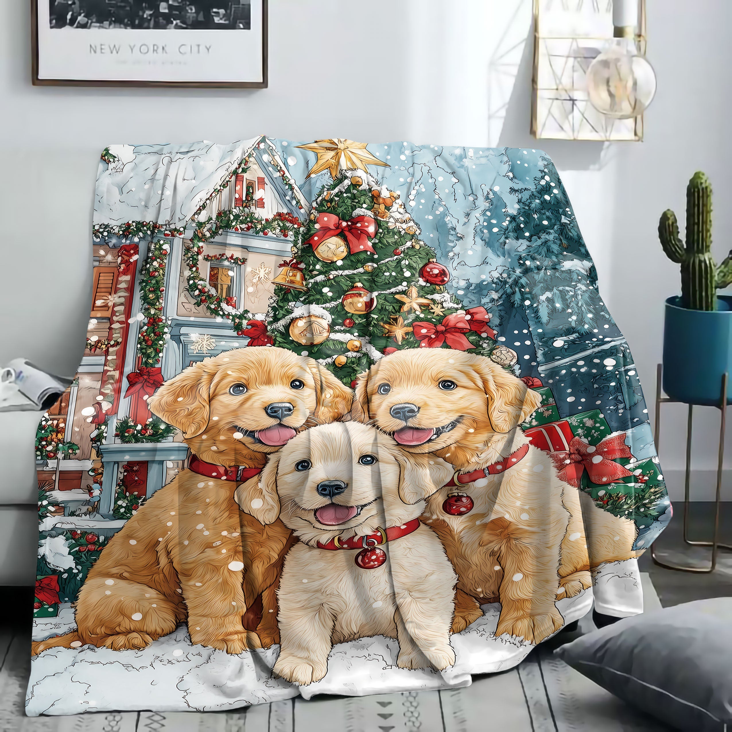 Christmas Puppy Flannel Throw Blanket Soft Polyester Knit All-Season Cozy Bed Sofa Bed Decor