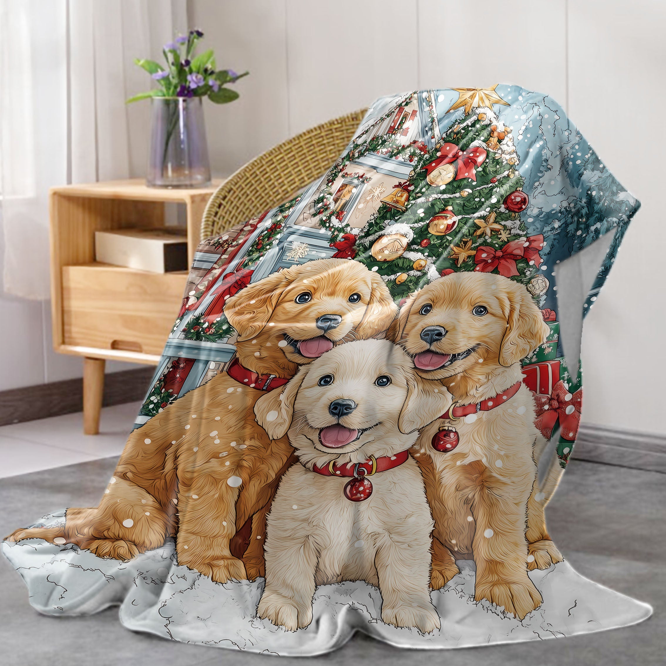 Christmas Puppy Flannel Throw Blanket Soft Polyester Knit All-Season Cozy Bed Sofa Bed Decor