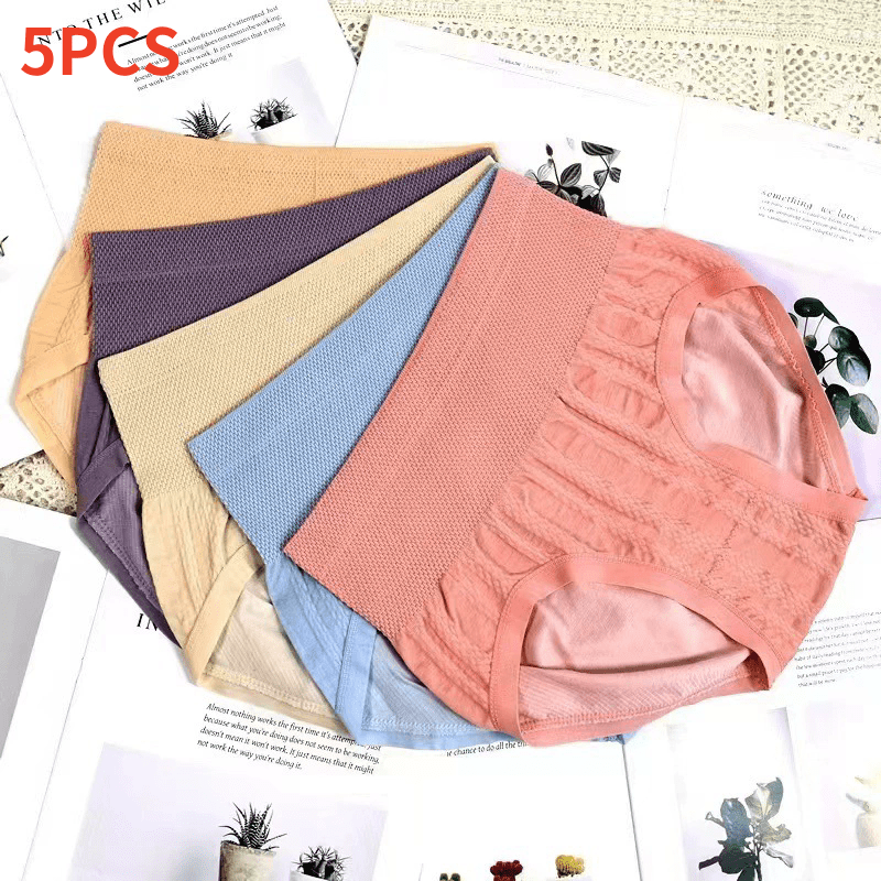 Besh dona aralash rangli yuqori beldagi ayollar ichki kiyimlari, tikuvsiz, yuqori elastiklikka ega va belni shakllantirish va toraytirish uchun eukalipt qismi bilan.