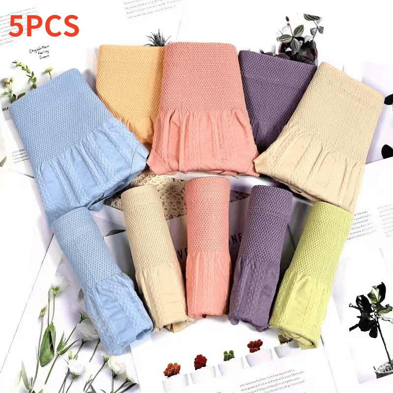 Besh dona aralash rangli yuqori beldagi ayollar ichki kiyimlari, tikuvsiz, yuqori elastiklikka ega va belni shakllantirish va toraytirish uchun eukalipt qismi bilan.