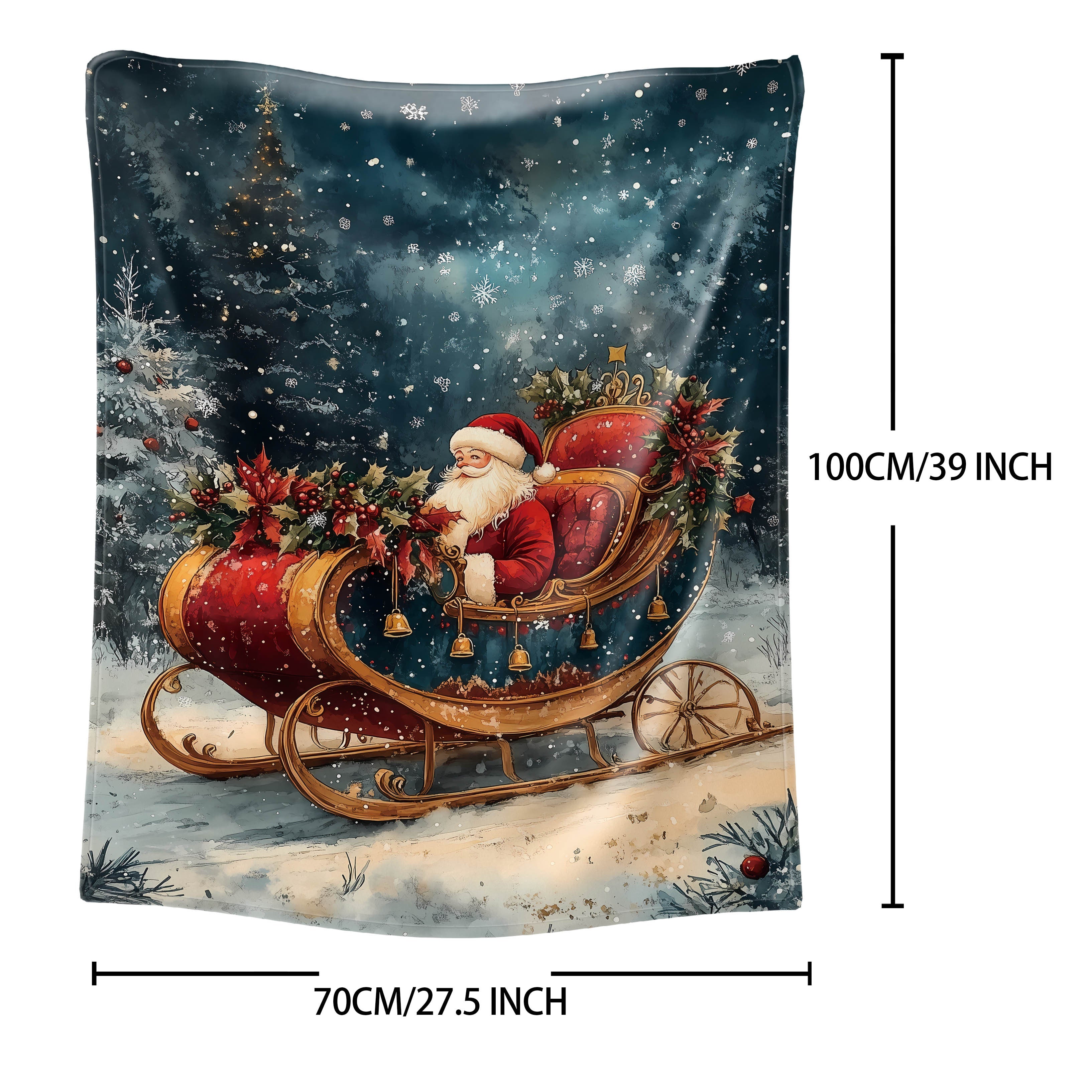 Christmas Themed Flannel Throw Blanket Santa and Wreath Design Cozy Polyester for All Seasons