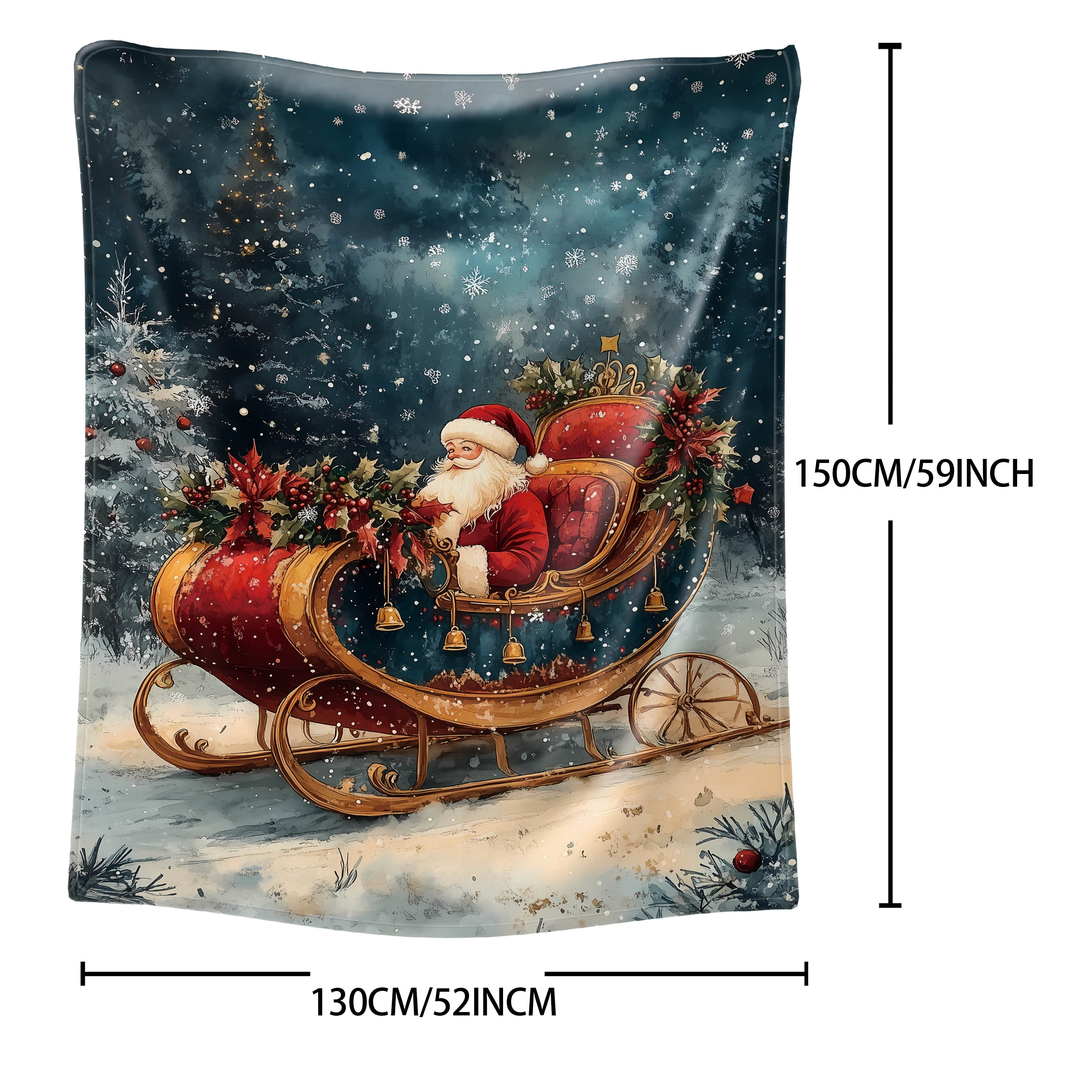 Christmas Themed Flannel Throw Blanket Santa and Wreath Design Cozy Polyester for All Seasons