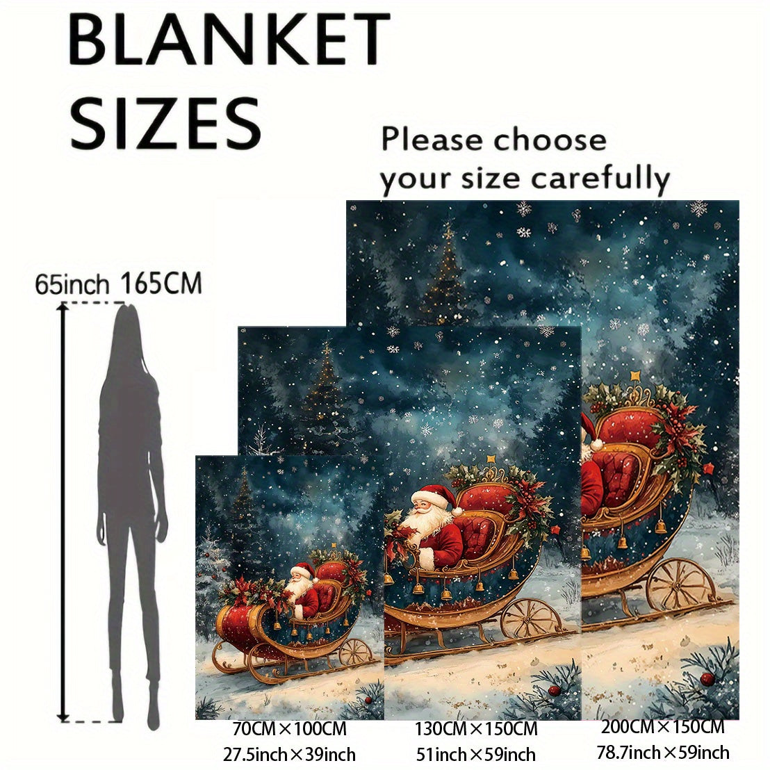 Christmas Themed Flannel Throw Blanket Santa and Wreath Design Cozy Polyester for All Seasons