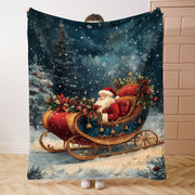 Christmas Themed Flannel Throw Blanket Santa and Wreath Design Cozy Polyester for All Seasons