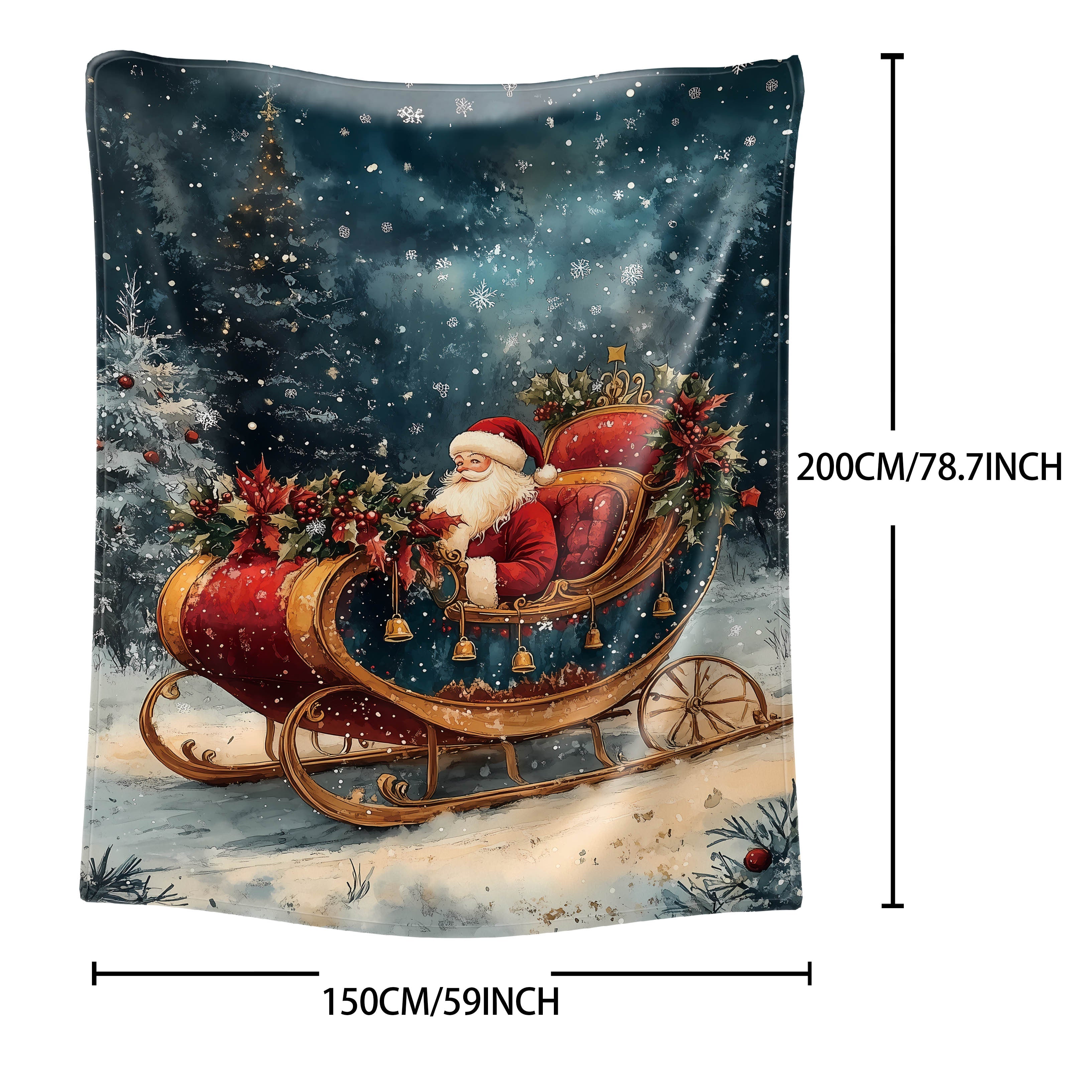 Christmas Themed Flannel Throw Blanket Santa and Wreath Design Cozy Polyester for All Seasons