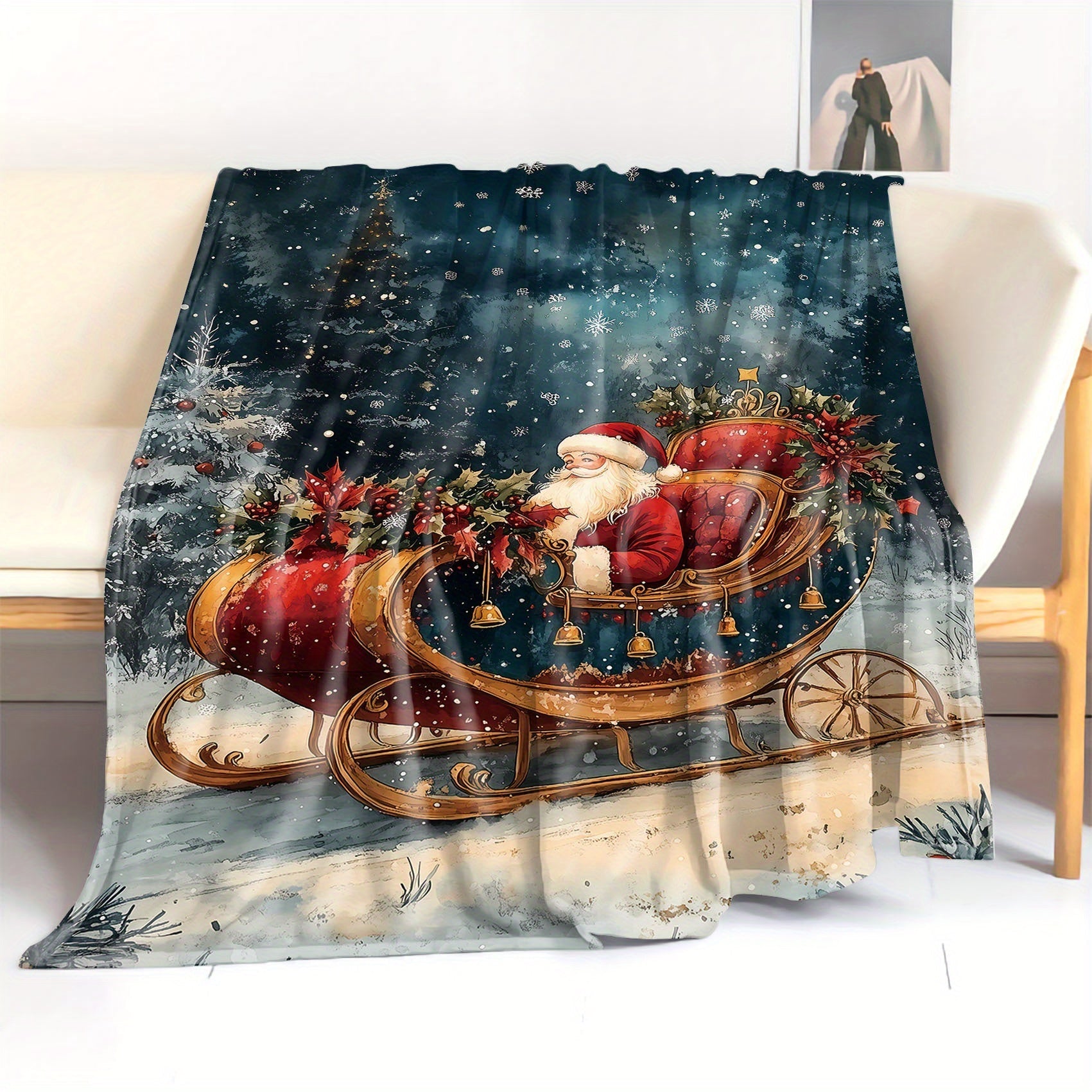 Christmas Themed Flannel Throw Blanket Santa and Wreath Design Cozy Polyester for All Seasons