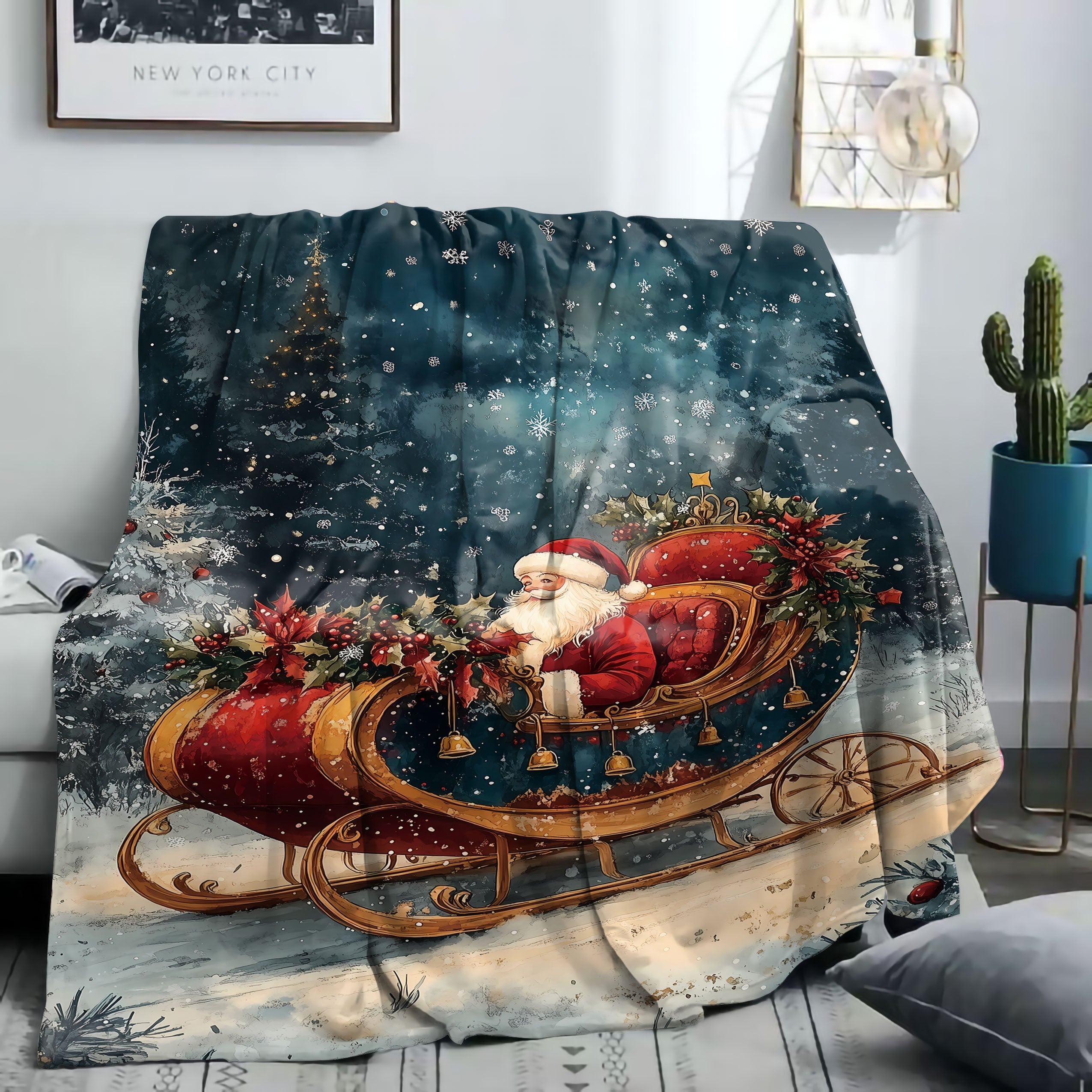 Christmas Themed Flannel Throw Blanket Santa and Wreath Design Cozy Polyester for All Seasons
