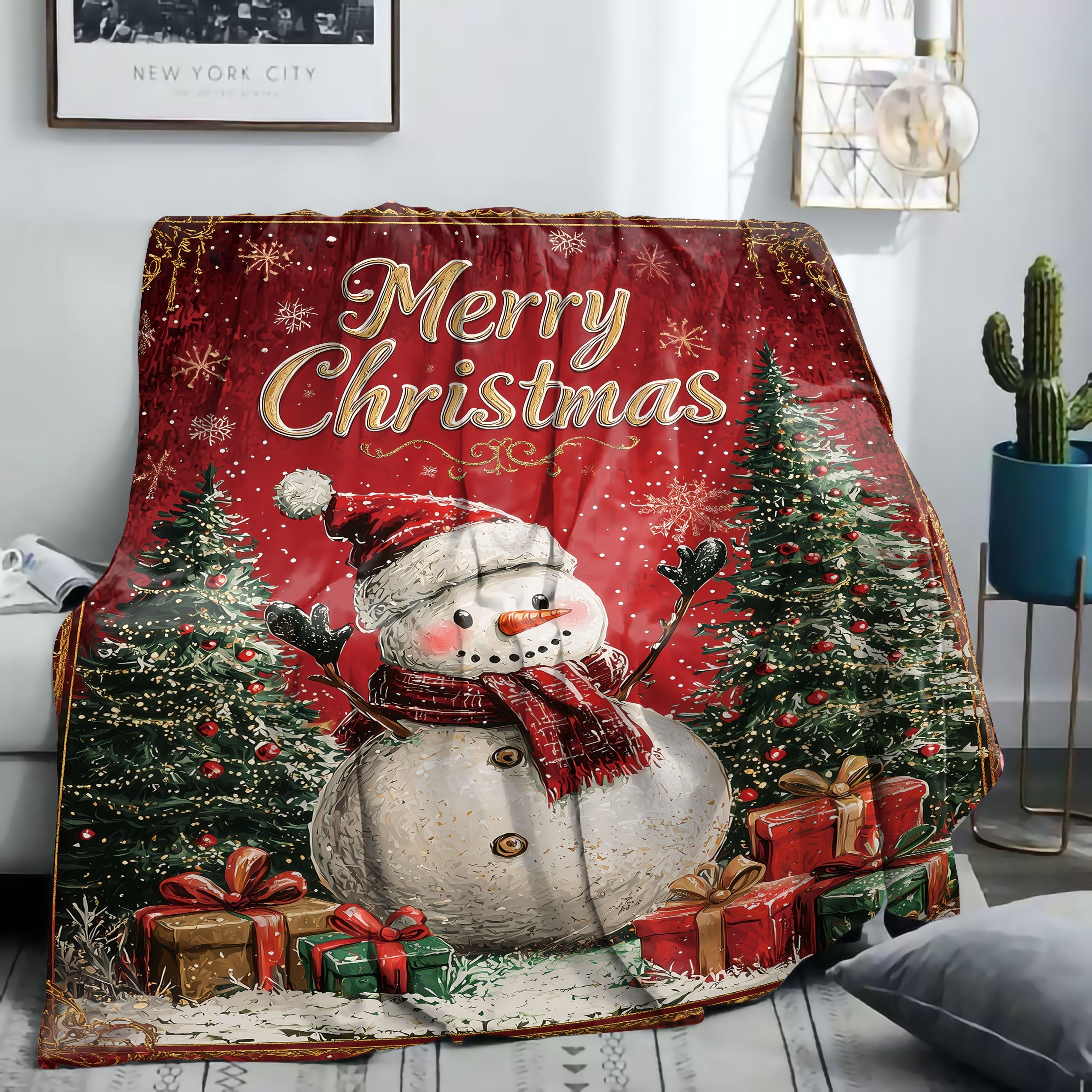 Christmas Snowman Flannel Throw Blanket All-Season Soft Polyester Knit for Bed Sofa or Camping