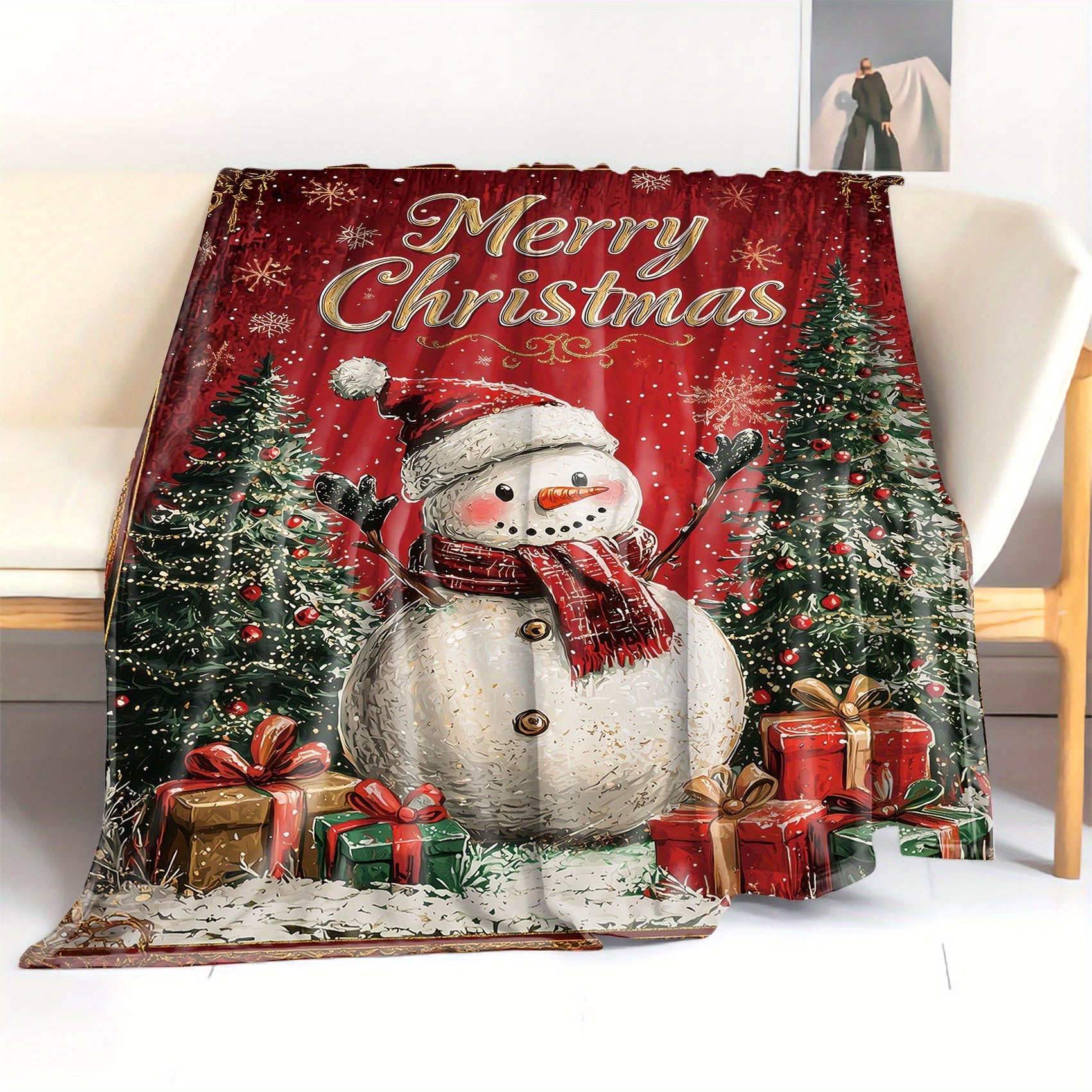 Christmas Snowman Flannel Throw Blanket All-Season Soft Polyester Knit for Bed Sofa or Camping