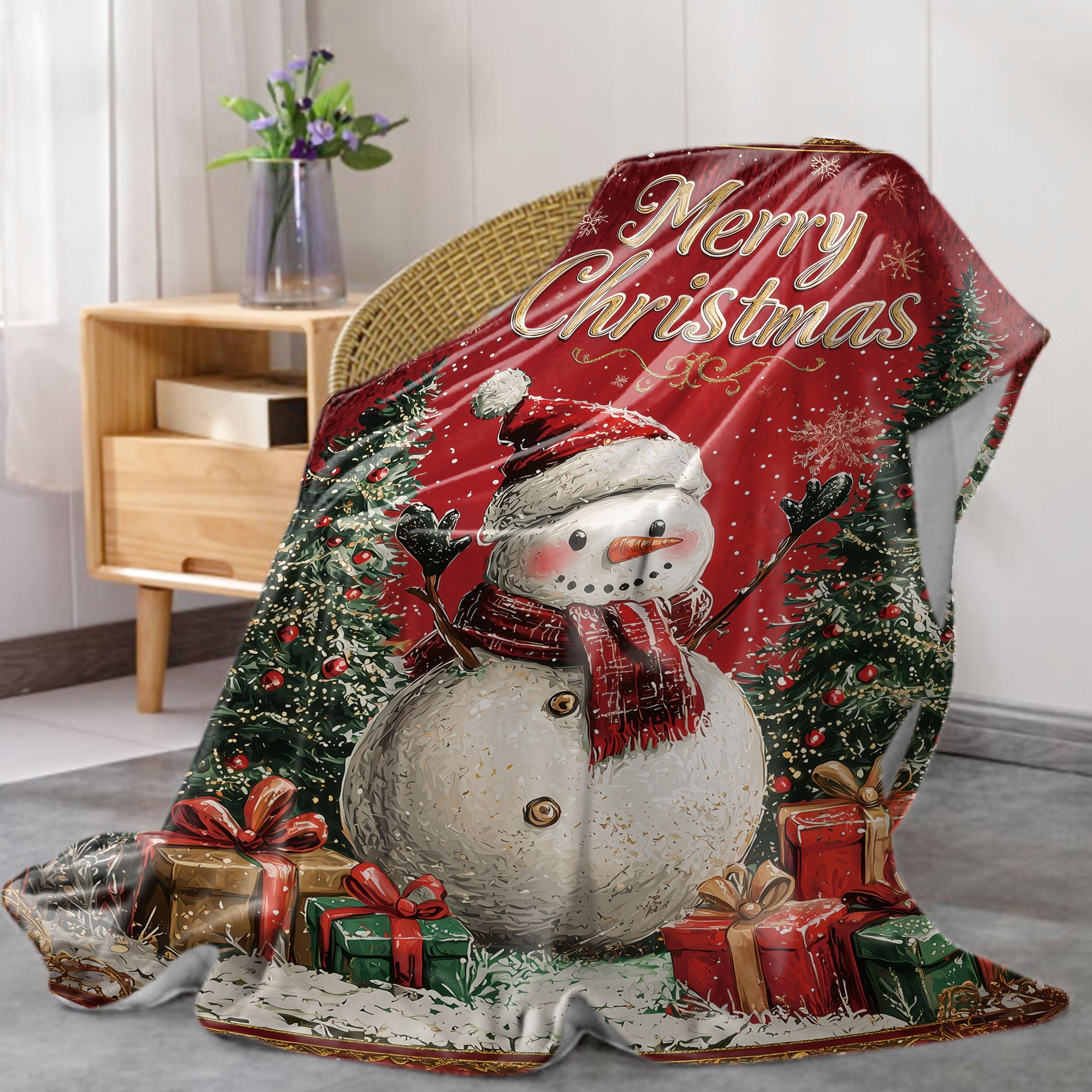 Christmas Snowman Flannel Throw Blanket All-Season Soft Polyester Knit for Bed Sofa or Camping