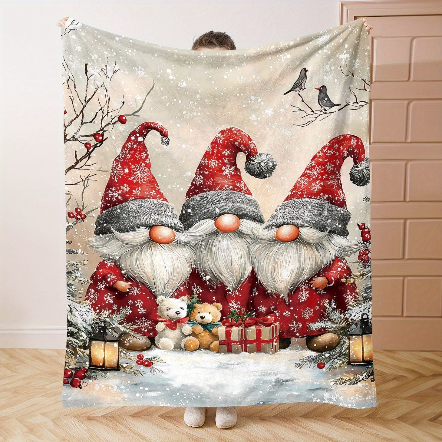 Flannel Throw Blanket with Festive Dwarf Print Polyester Knit All-Season Bed Sofa Office Camping