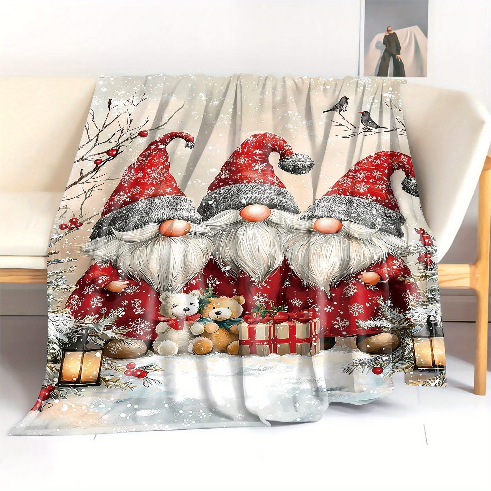 Flannel Throw Blanket with Festive Dwarf Print Polyester Knit All-Season Bed Sofa Office Camping