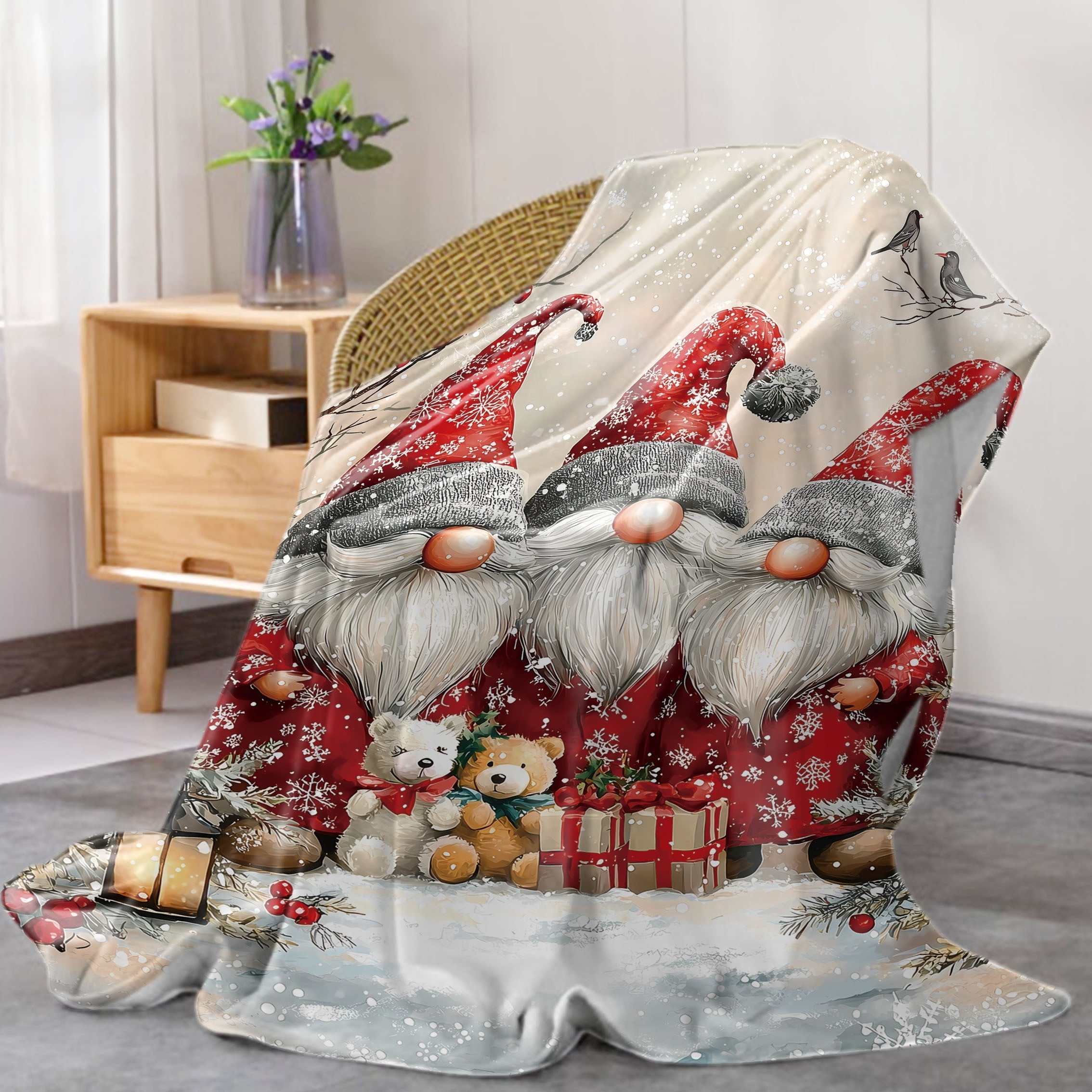 Flannel Throw Blanket with Festive Dwarf Print Polyester Knit All-Season Bed Sofa Office Camping