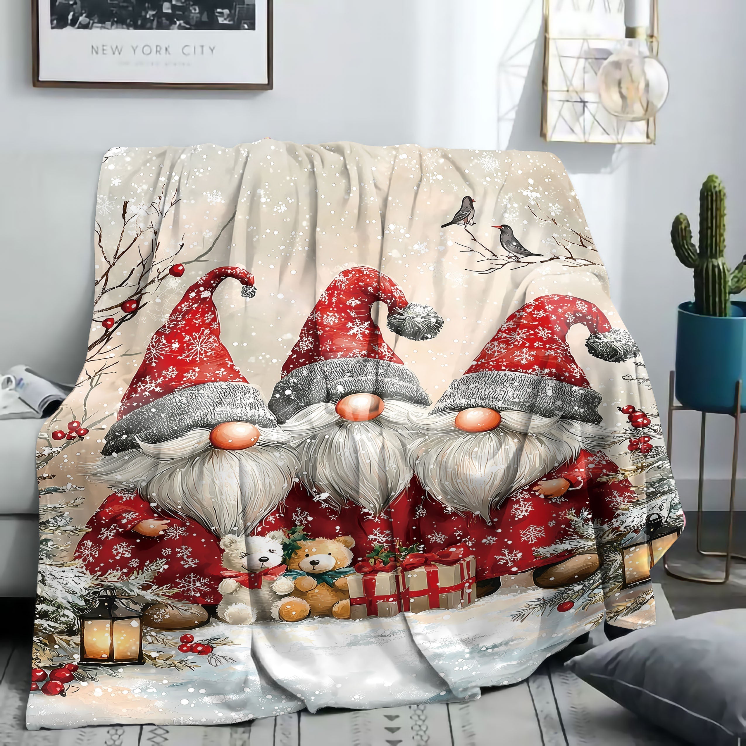 Flannel Throw Blanket with Festive Dwarf Print Polyester Knit All-Season Bed Sofa Office Camping