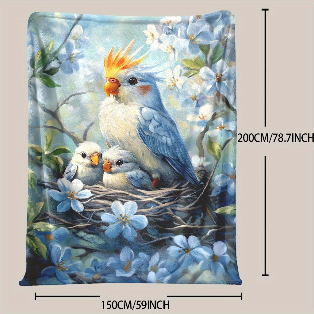 Baby and Parrot Print Knitted Polyester Fleece Blanket Soft Warm for All Seasons