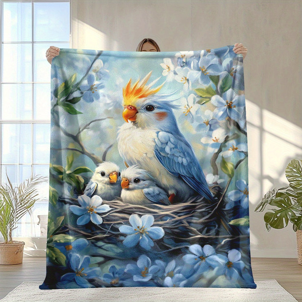 Baby and Parrot Print Knitted Polyester Fleece Blanket Soft Warm for All Seasons