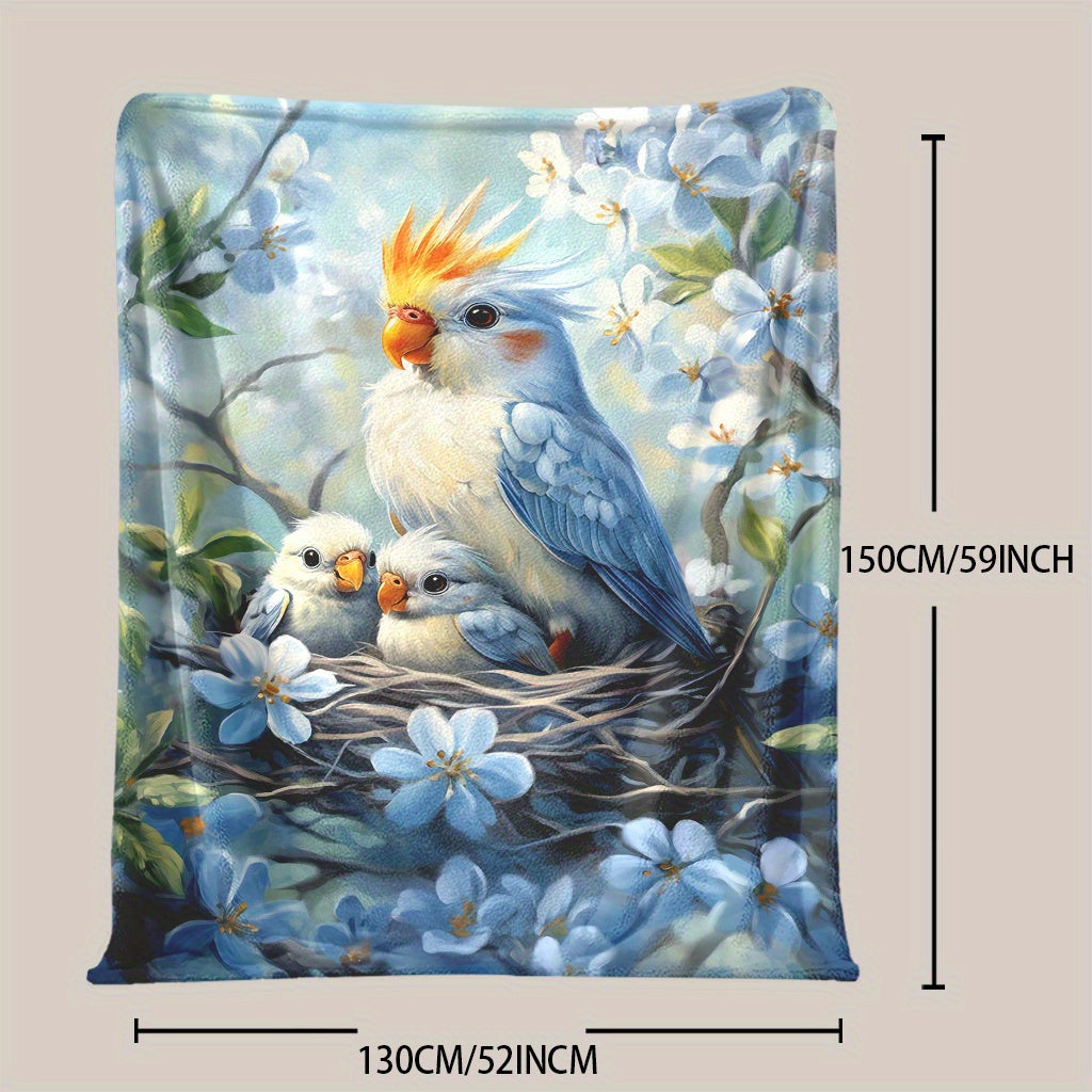 Baby and Parrot Print Knitted Polyester Fleece Blanket Soft Warm for All Seasons