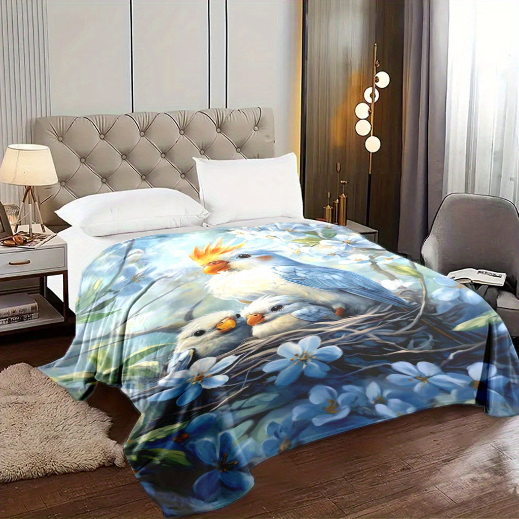 Baby and Parrot Print Knitted Polyester Fleece Blanket Soft Warm for All Seasons