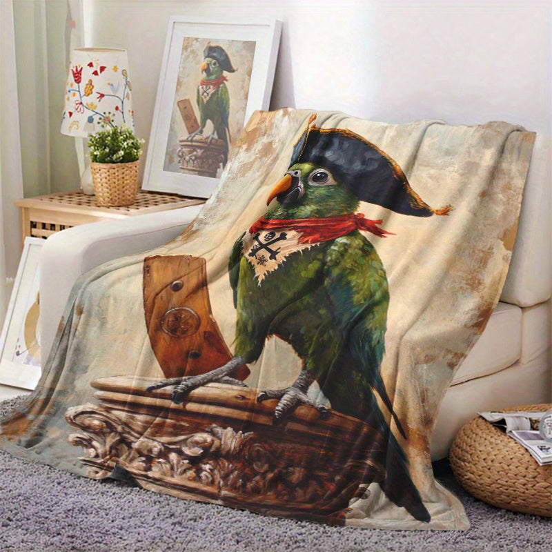 Fleece Blanket with Pirate Parrot Print Soft Cozy Digital Polyester Colorful All-Season for Napping Camping Traveling Car Office Home Decor
