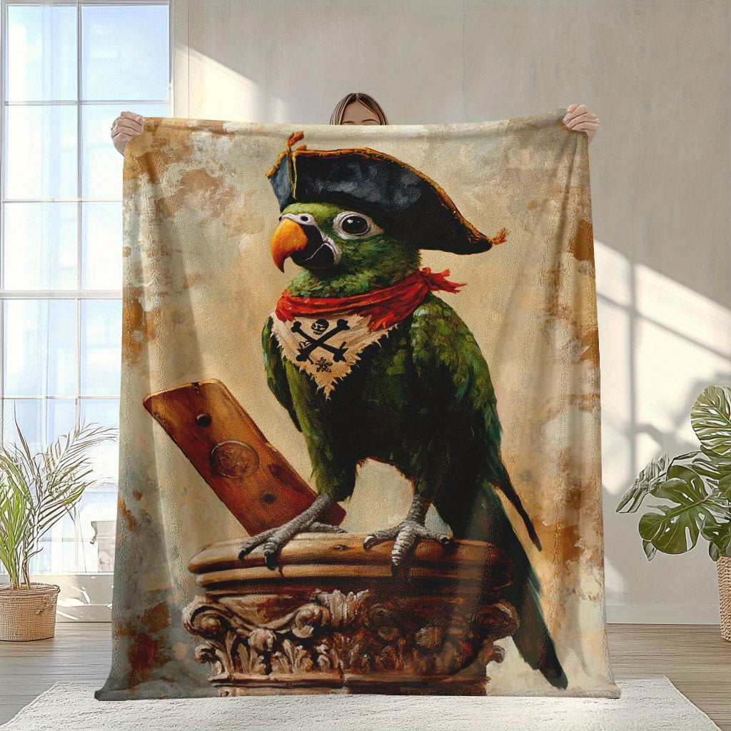 Fleece Blanket with Pirate Parrot Print Soft Cozy Digital Polyester Colorful All-Season for Napping Camping Traveling Car Office Home Decor