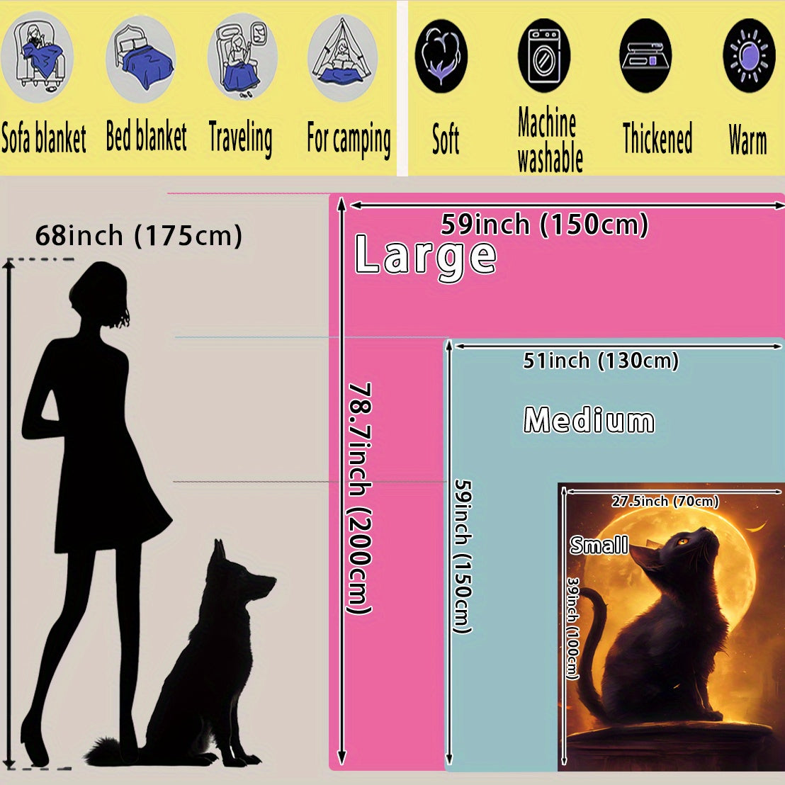 Manta de felpa con estampado de gato negro y luna llena, estilo glam, para todas las estaciones, de poliéster tejido, lavable a máquina, multifuncional
