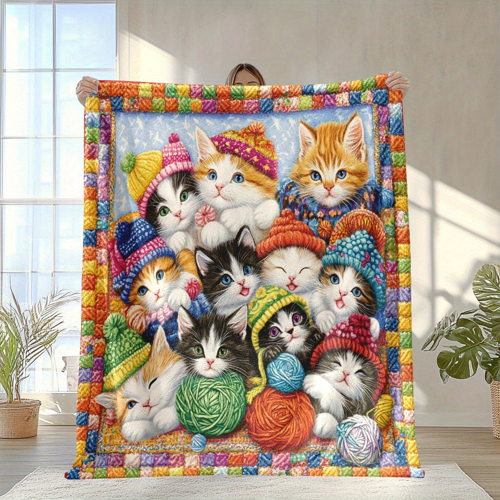 Kittens and Yarn Printed Fleece Blanket Soft Warm Polyester All-Season Multi-Purpose