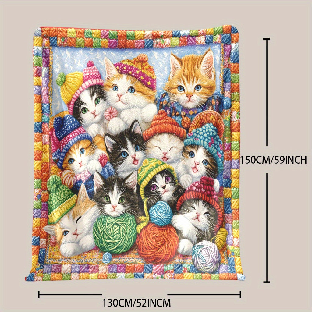 Kittens and Yarn Printed Fleece Blanket Soft Warm Polyester All-Season Multi-Purpose