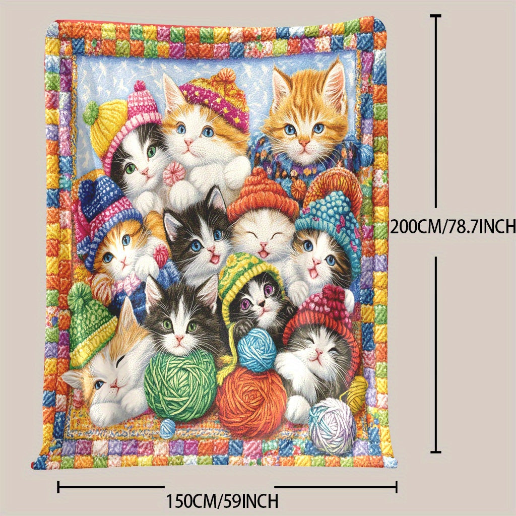 Kittens and Yarn Printed Fleece Blanket Soft Warm Polyester All-Season Multi-Purpose