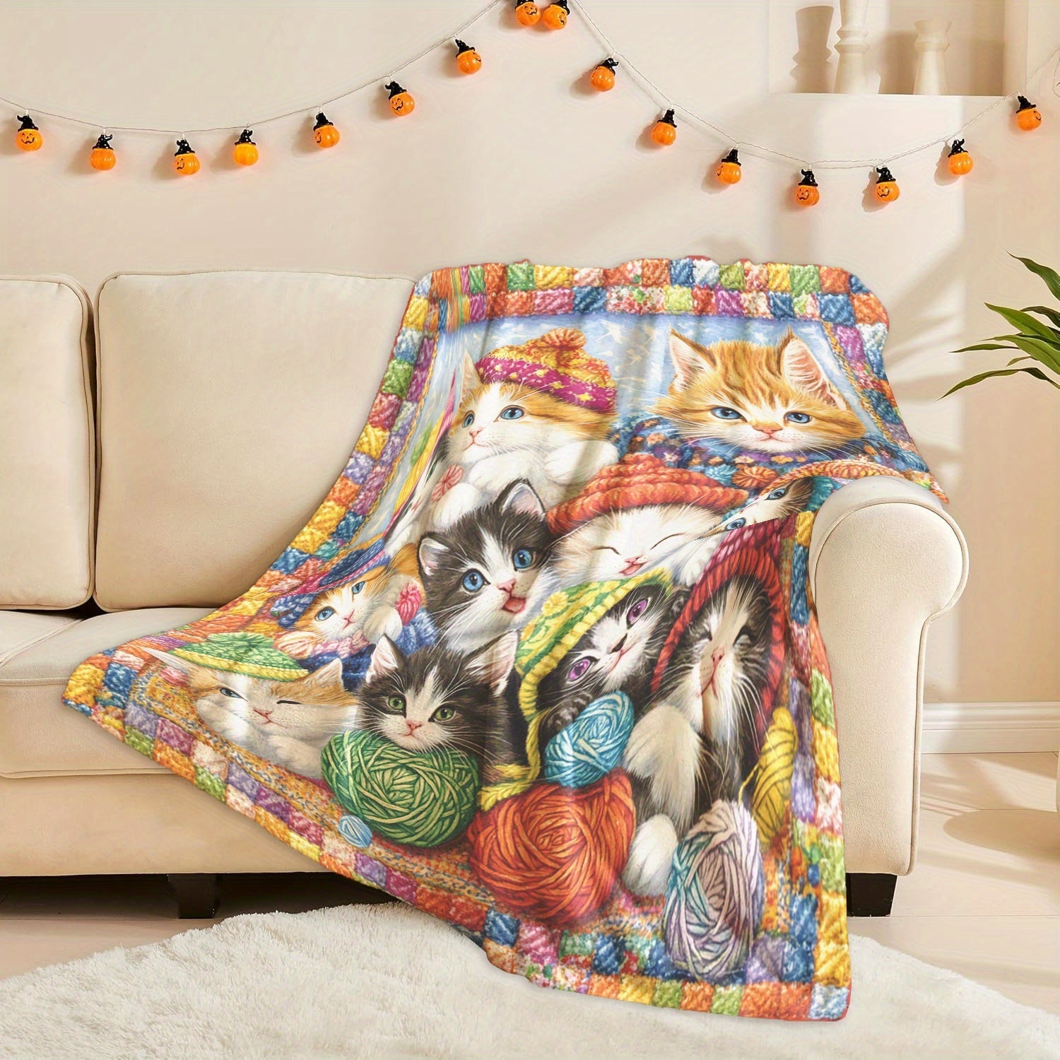 Kittens and Yarn Printed Fleece Blanket Soft Warm Polyester All-Season Multi-Purpose