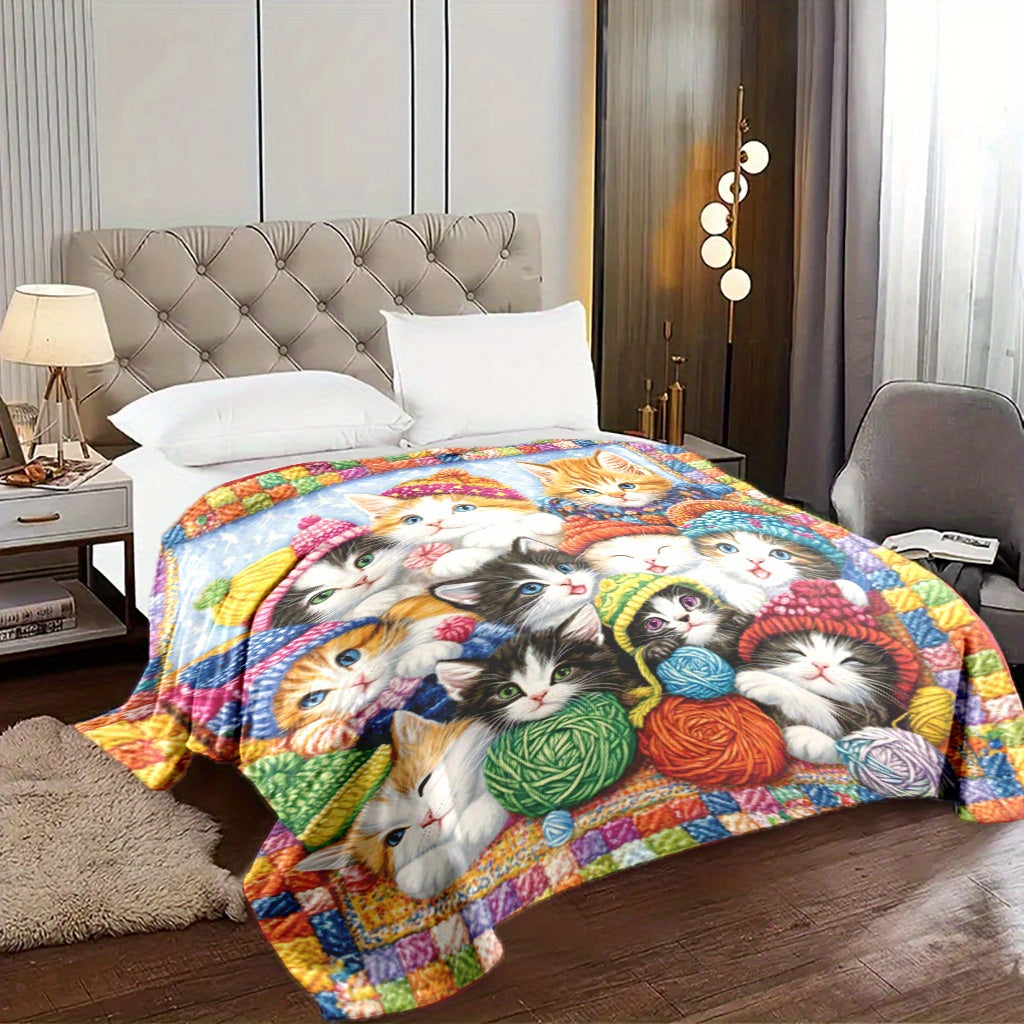 Kittens and Yarn Printed Fleece Blanket Soft Warm Polyester All-Season Multi-Purpose