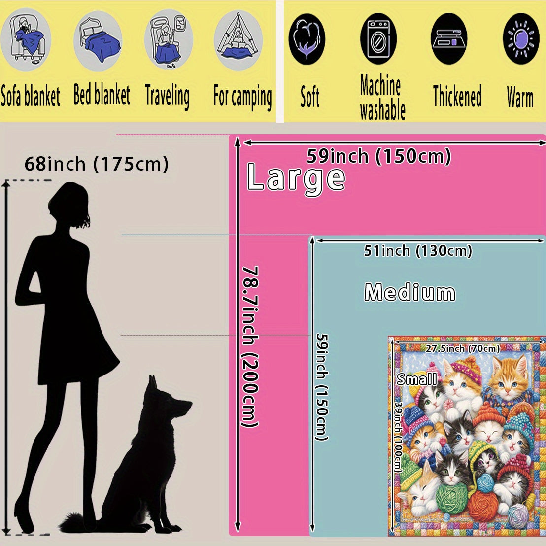 Kittens and Yarn Printed Fleece Blanket Soft Warm Polyester All-Season Multi-Purpose