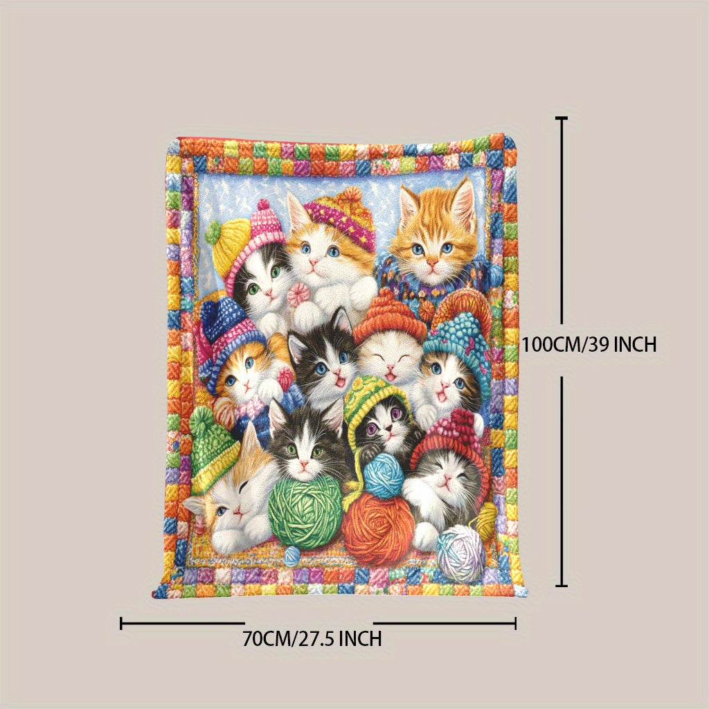 Kittens and Yarn Printed Fleece Blanket Soft Warm Polyester All-Season Multi-Purpose