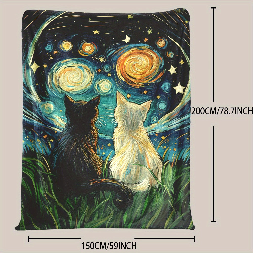 Starry Sky Kitten Print Flannel Blanket Soft Polyester Multi-Use for All Seasons