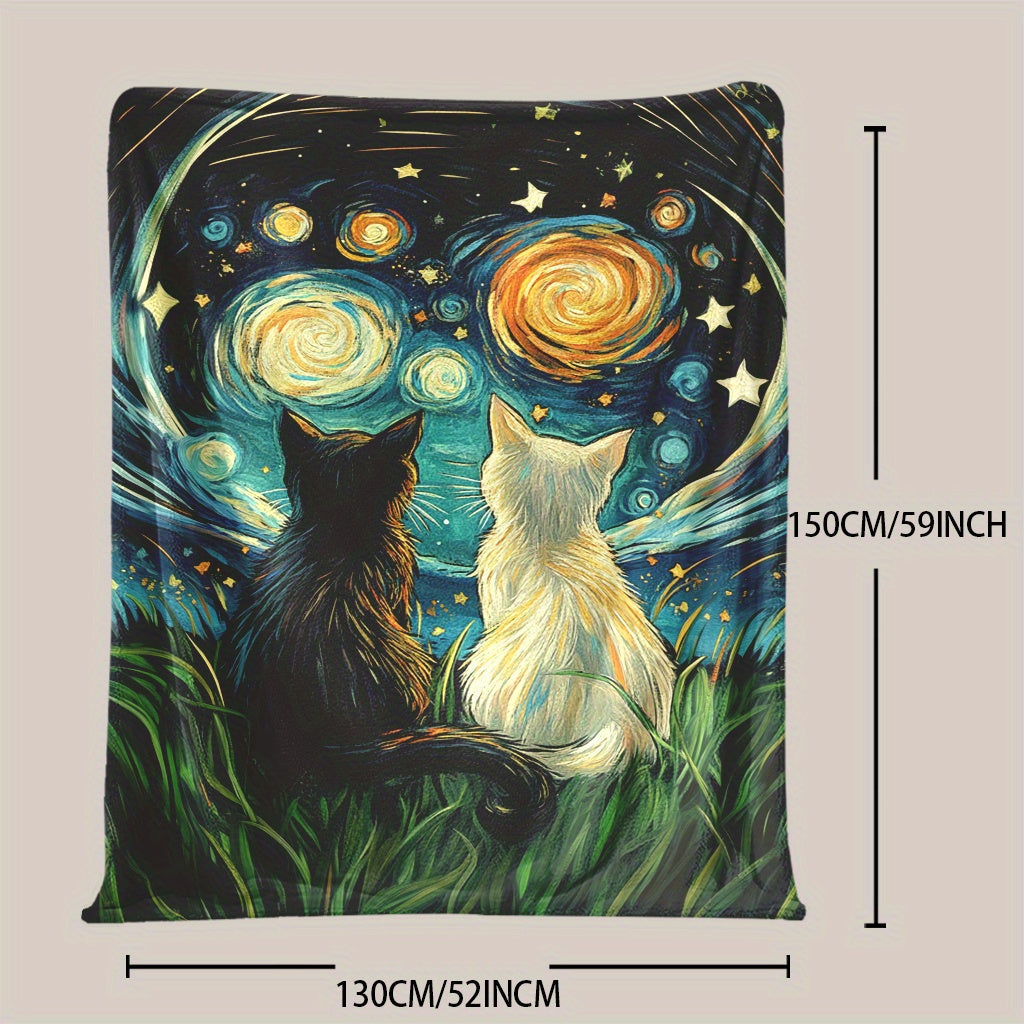 Starry Sky Kitten Print Flannel Blanket Soft Polyester Multi-Use for All Seasons