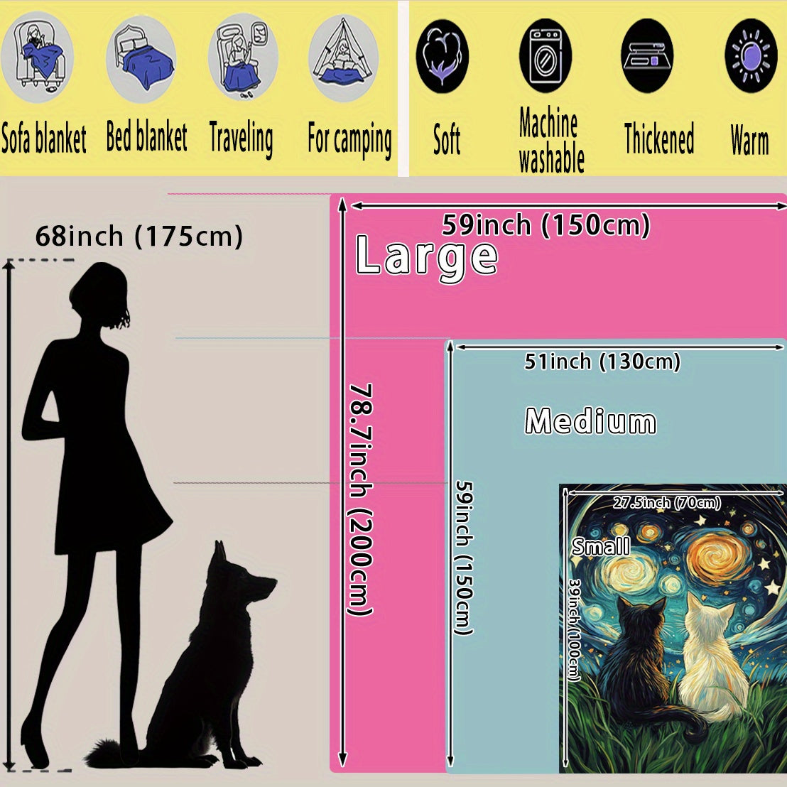 Starry Sky Kitten Print Flannel Blanket Soft Polyester Multi-Use for All Seasons