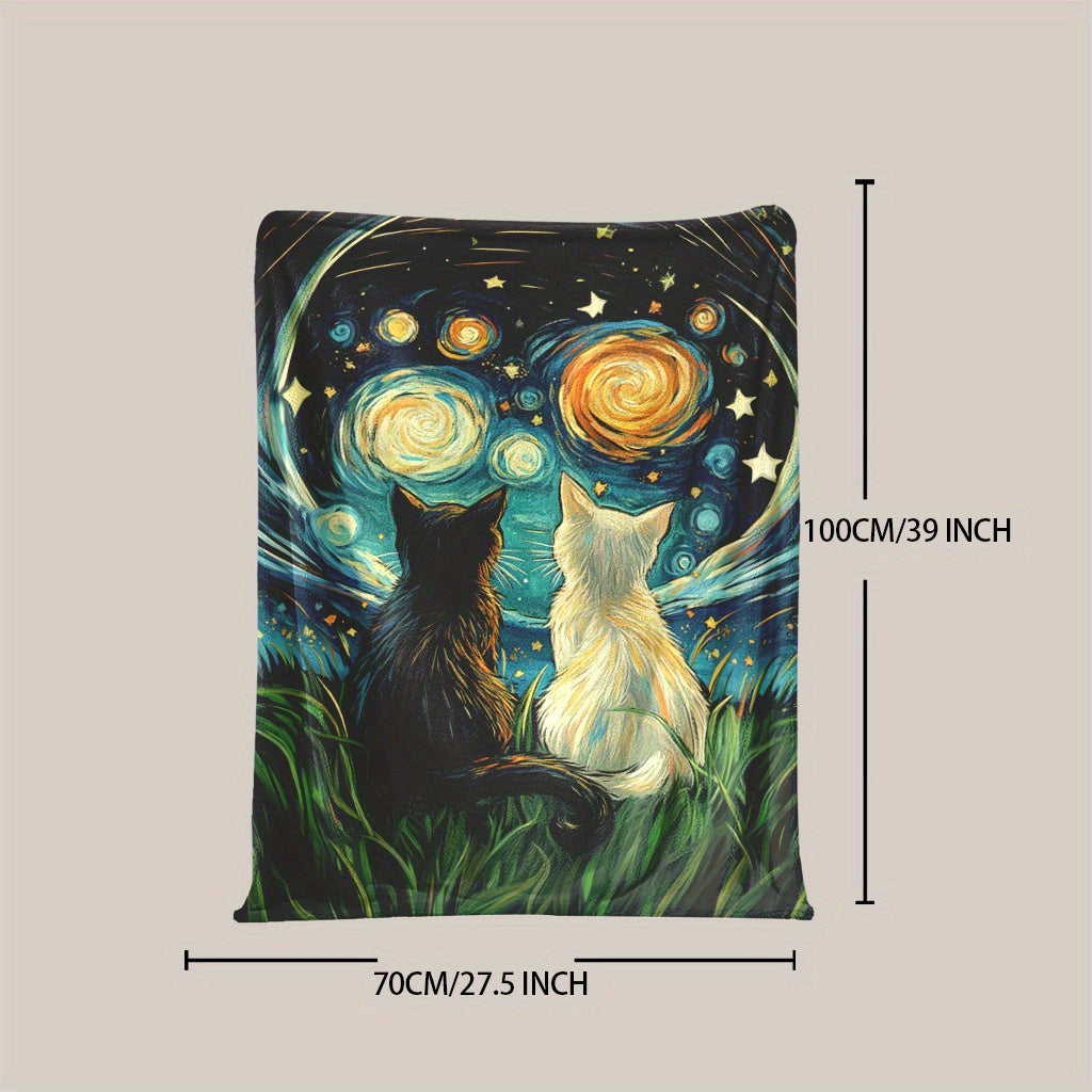 Starry Sky Kitten Print Flannel Blanket Soft Polyester Multi-Use for All Seasons