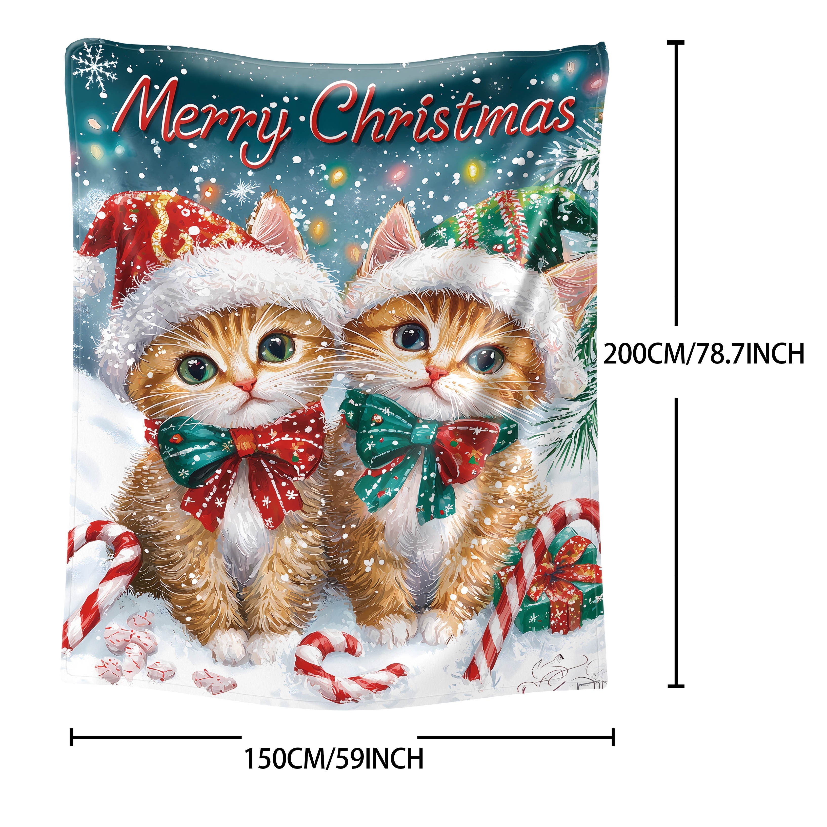 Christmas Flannel Throw Blanket with Cats Santa Hat Digital Print Lightweight Polyester Cozy Sofa Bed Cover