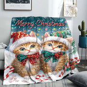 Christmas Flannel Throw Blanket with Cats Santa Hat Digital Print Lightweight Polyester Cozy Sofa Bed Cover