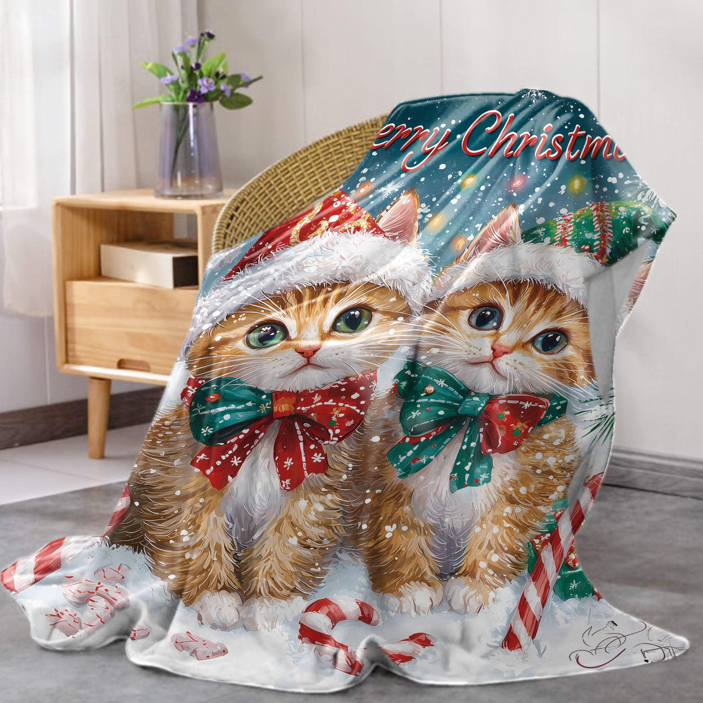 Christmas Flannel Throw Blanket with Cats Santa Hat Digital Print Lightweight Polyester Cozy Sofa Bed Cover