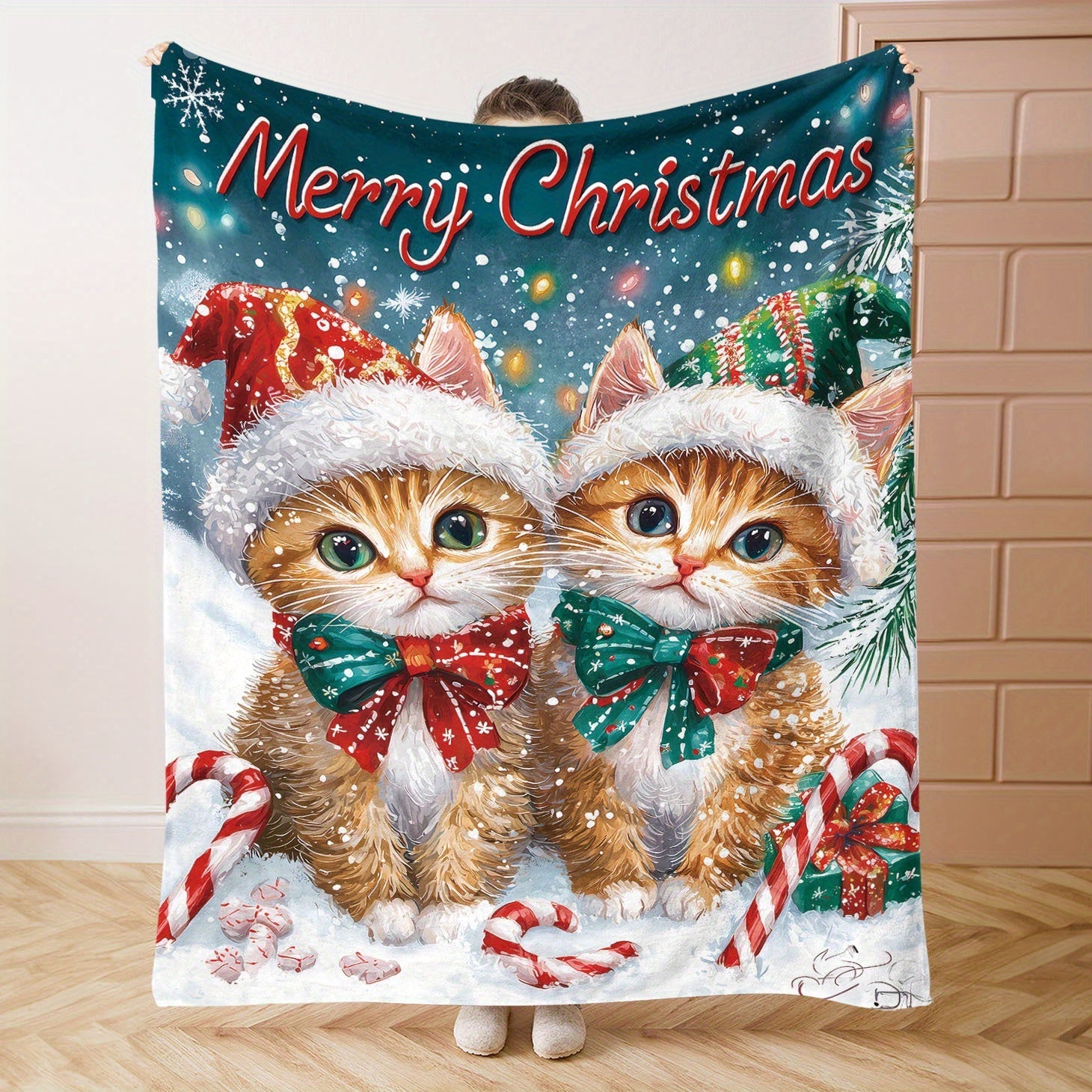Christmas Flannel Throw Blanket with Cats Santa Hat Digital Print Lightweight Polyester Cozy Sofa Bed Cover