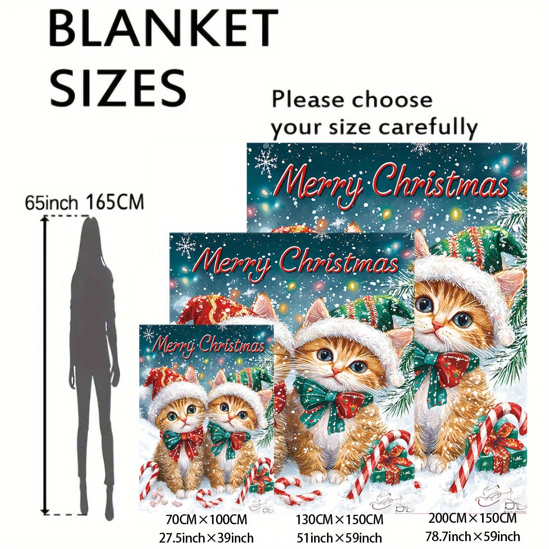 Christmas Flannel Throw Blanket with Cats Santa Hat Digital Print Lightweight Polyester Cozy Sofa Bed Cover